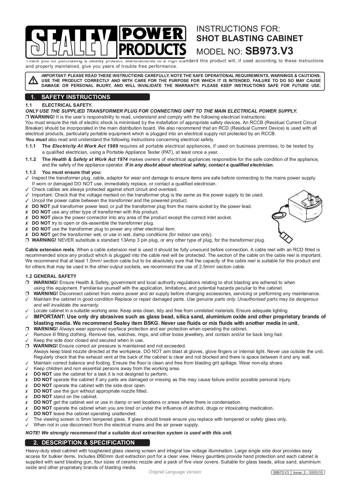 Sealey SB973.V3 Instructions Manual