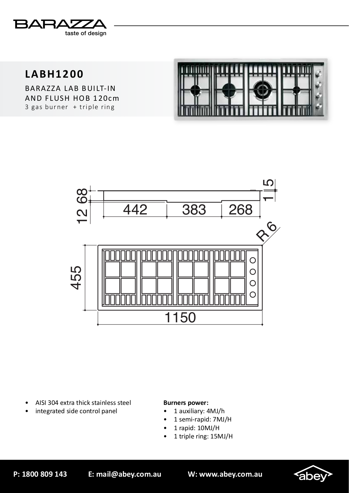 Barazza LABH1200, LABH1200NG Specifications Sheet