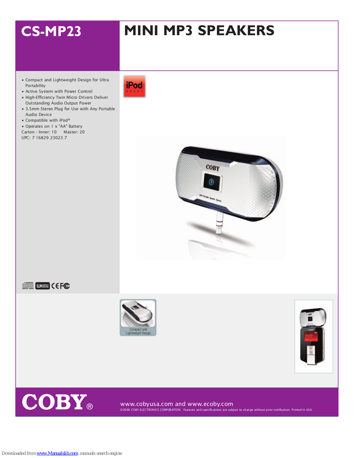 Coby CS-MP23 - Portable Speakers Specification Sheet