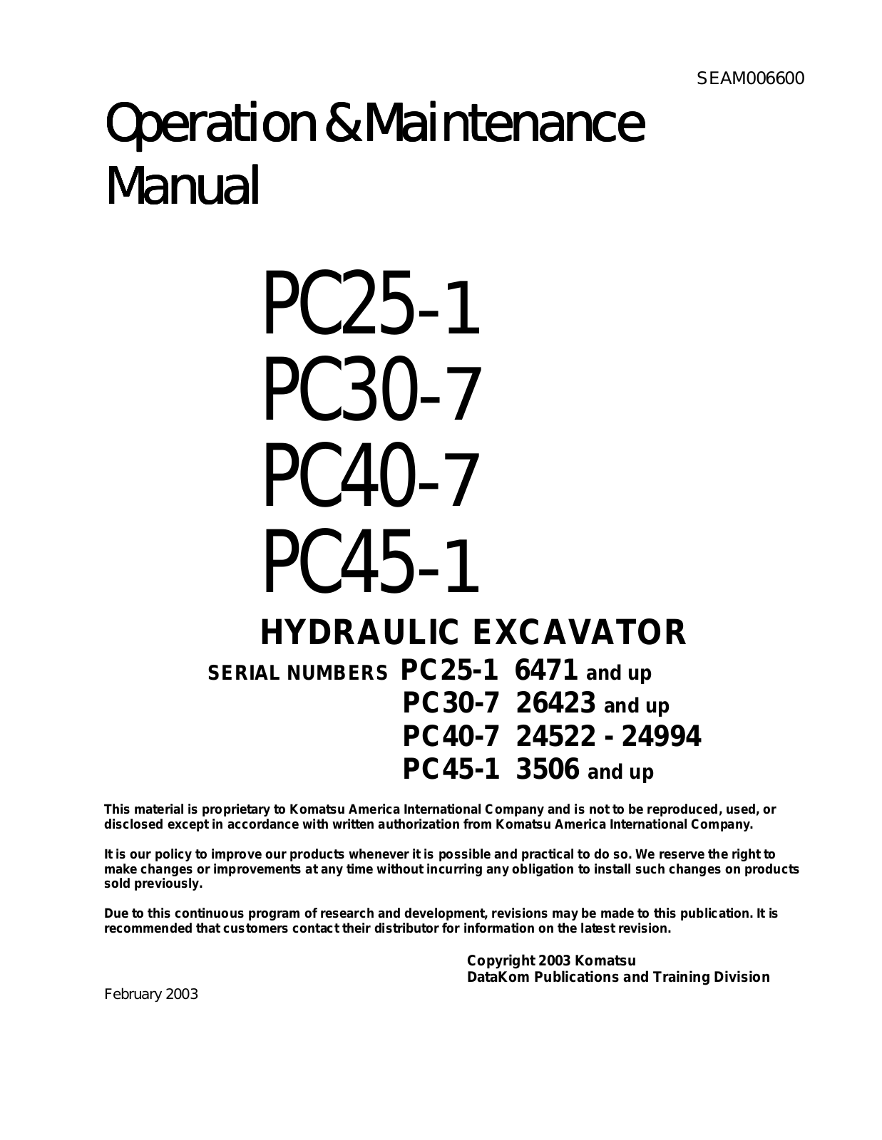 Komatsu PC45-1, PC40-7, PC30-7, PC25-1 Maintenance Manual