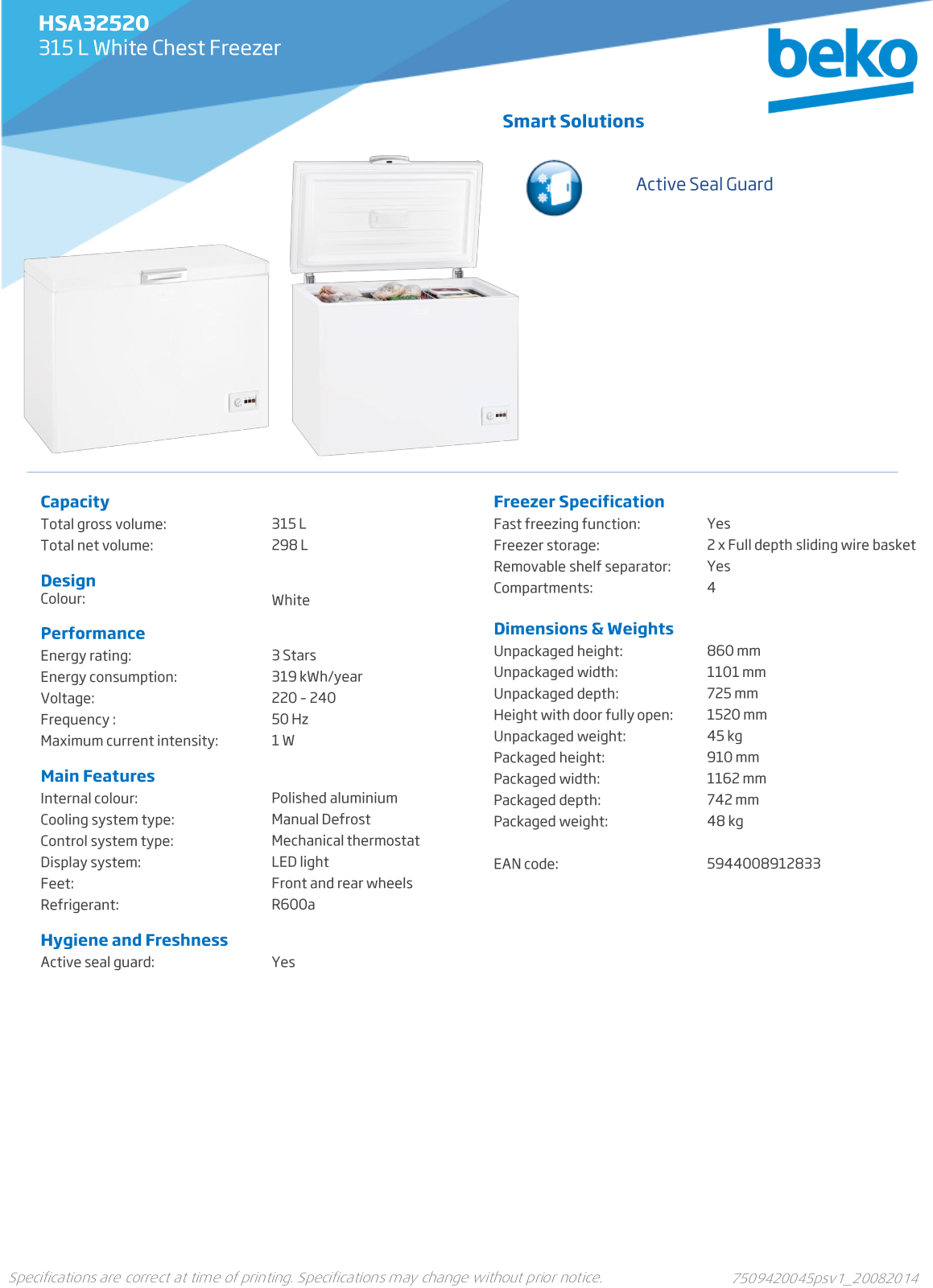 Beko HSA32520 Specifications Sheet