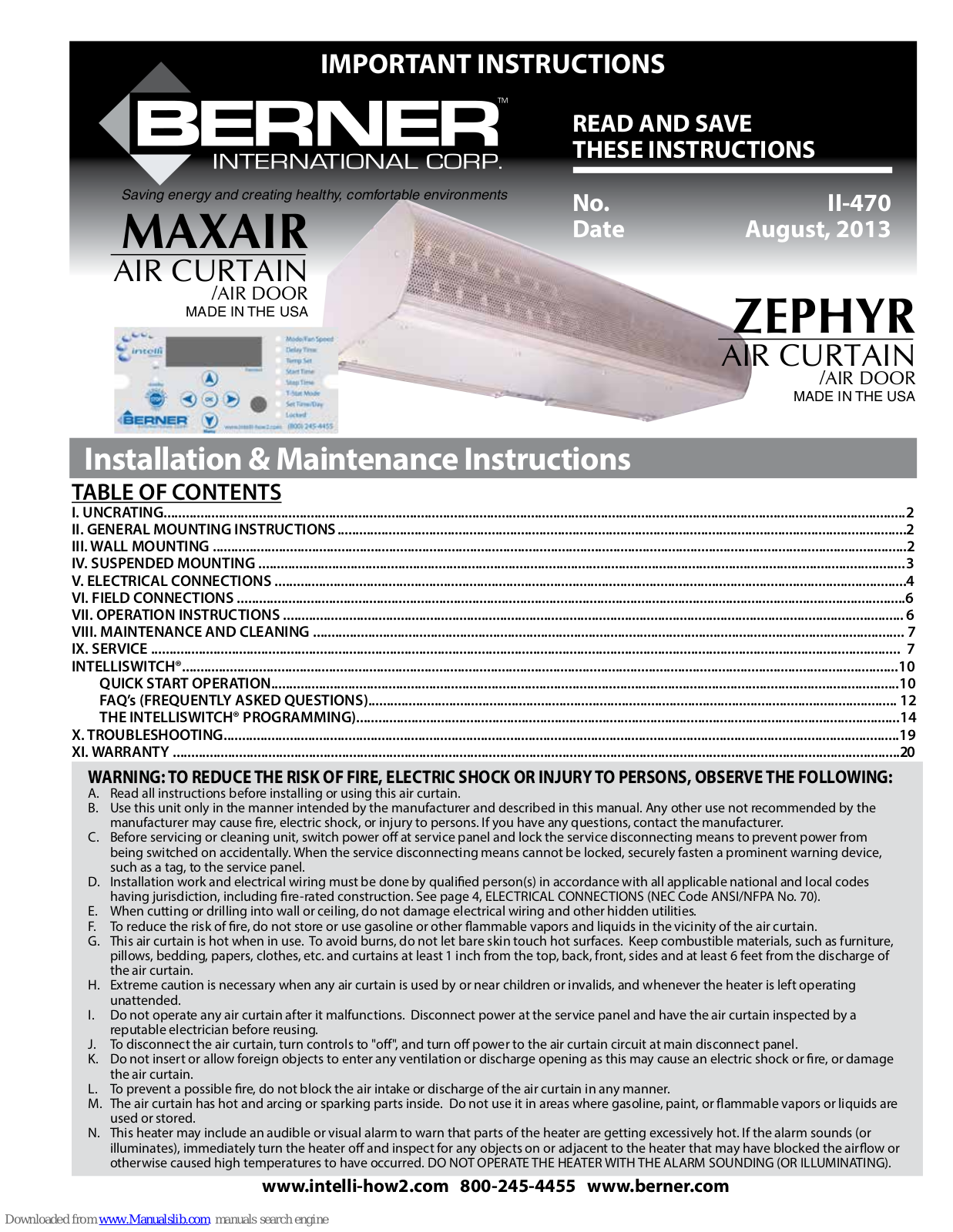 Berner MAX1042, MAX1048, MAX1060, MAX1072, MAX2084 Installation & Maintenance Instructions Manual