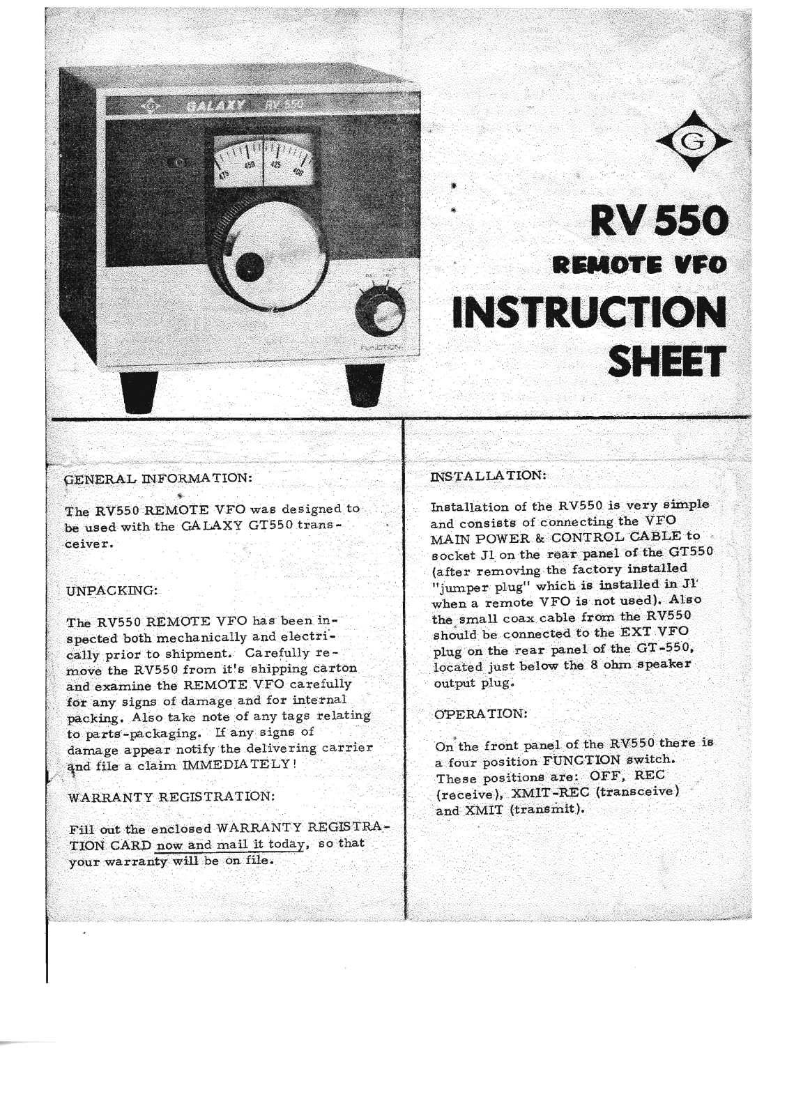 Galaxy Electronics RV550 Service manual