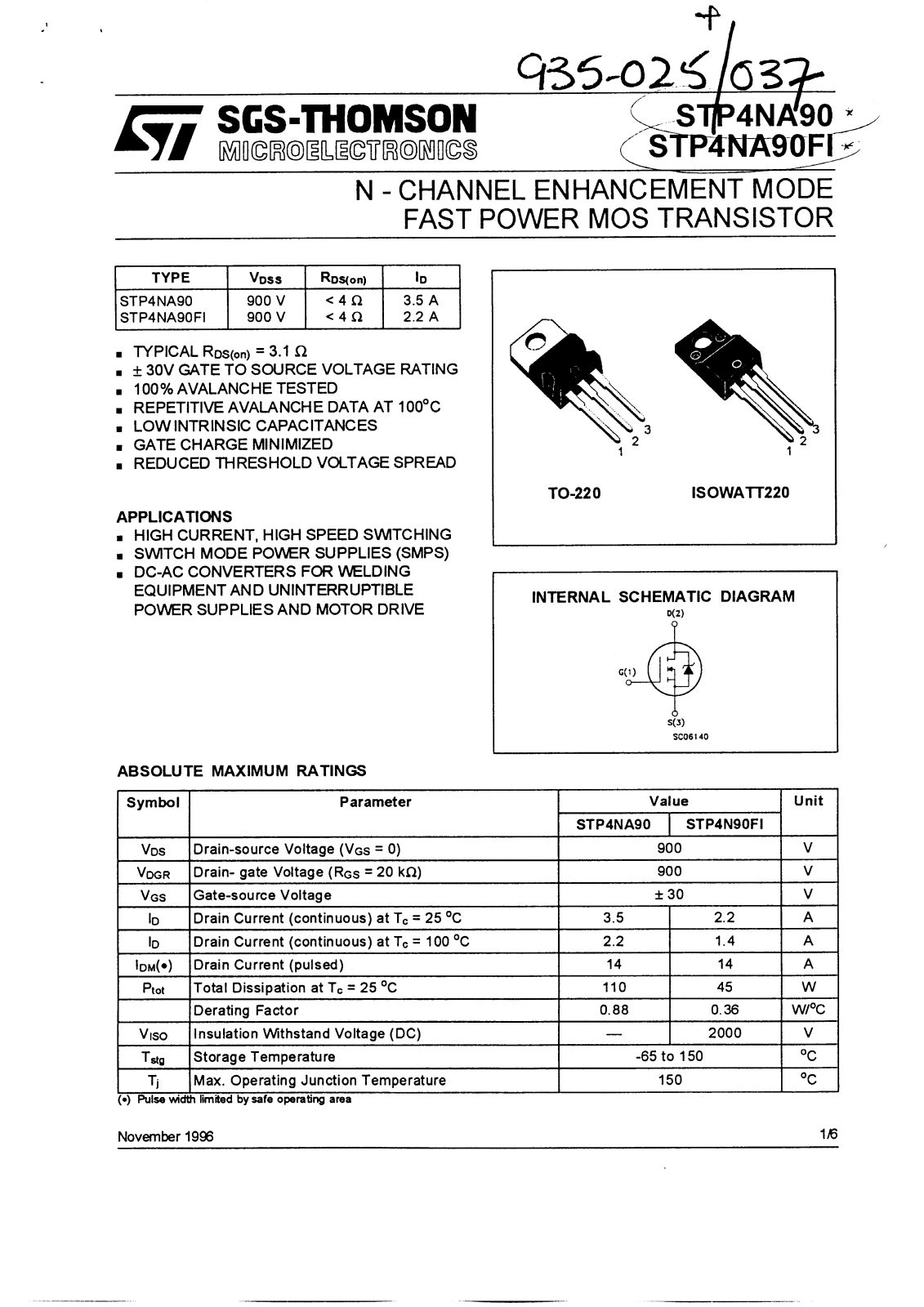 SGS Thomson Microelectronics STP4NA90 Datasheet