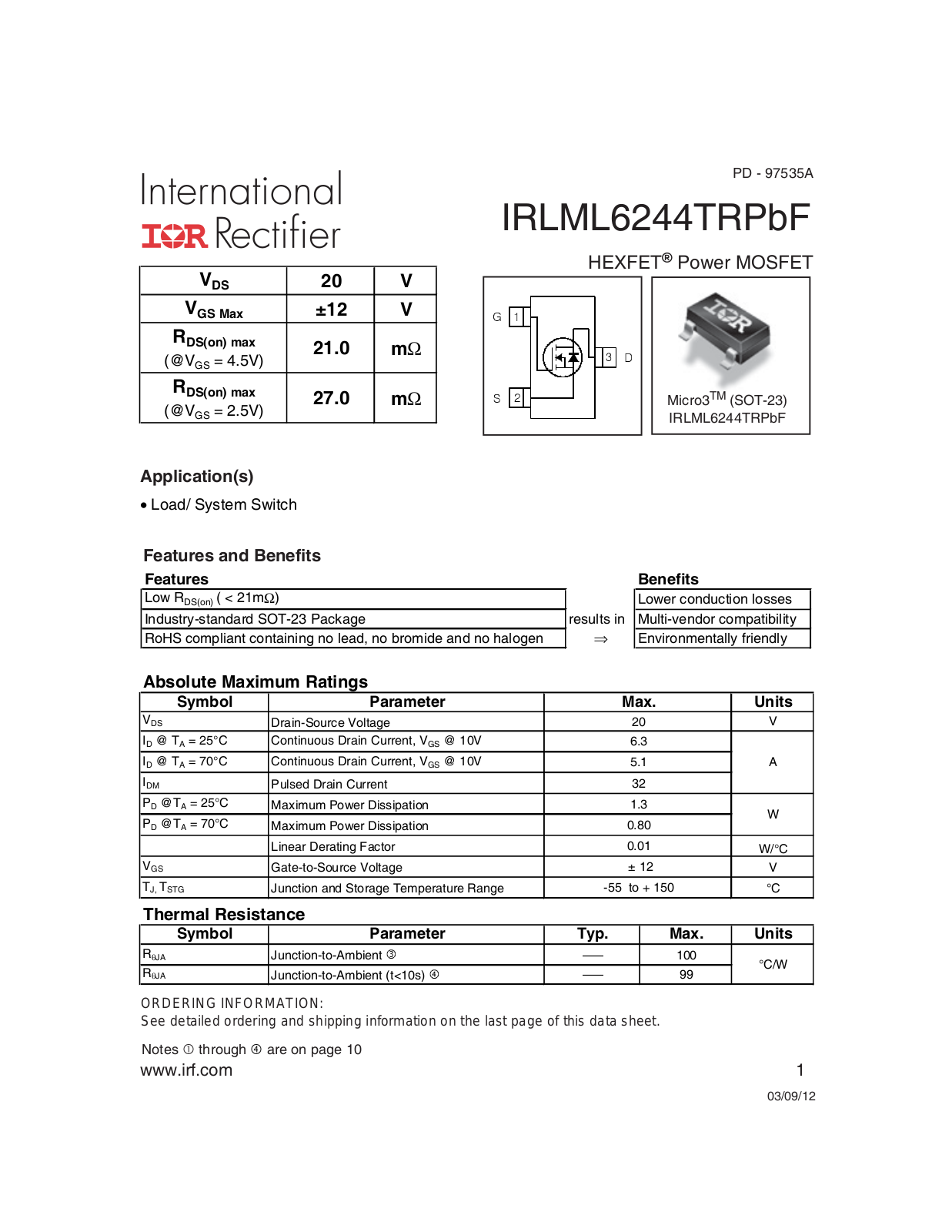 Datasheet IRLML6244TRPBF Specification - ManualMachine.com