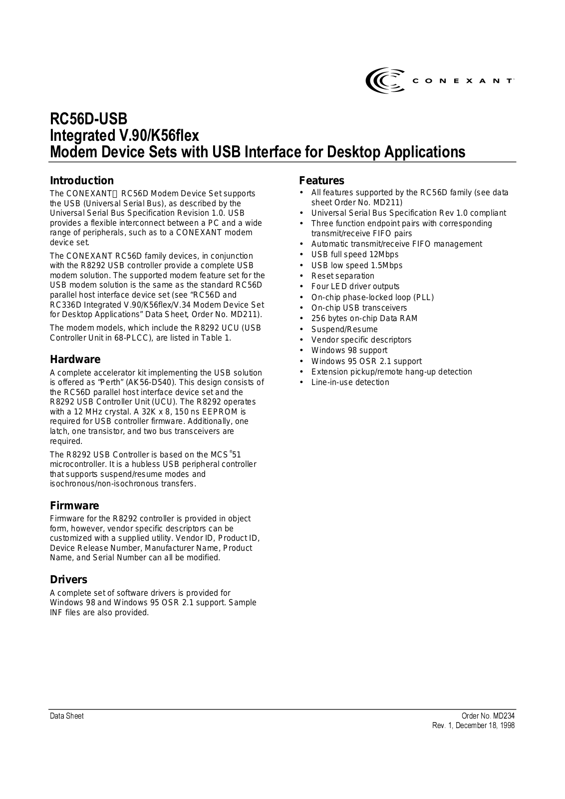 Conexant L2800, R8292, R86764-61, R86764-63 Datasheet