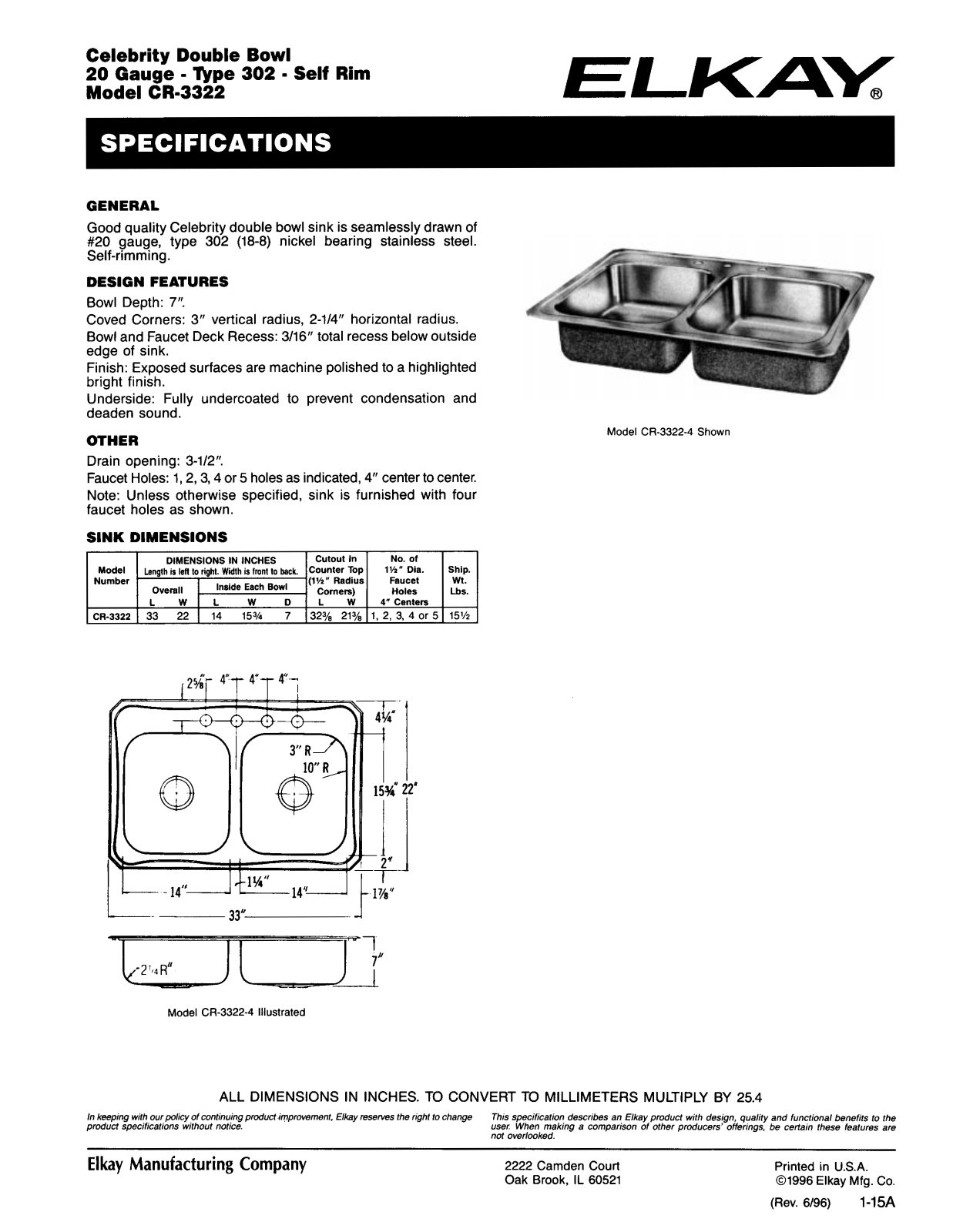 Elkay CR33223 Specs