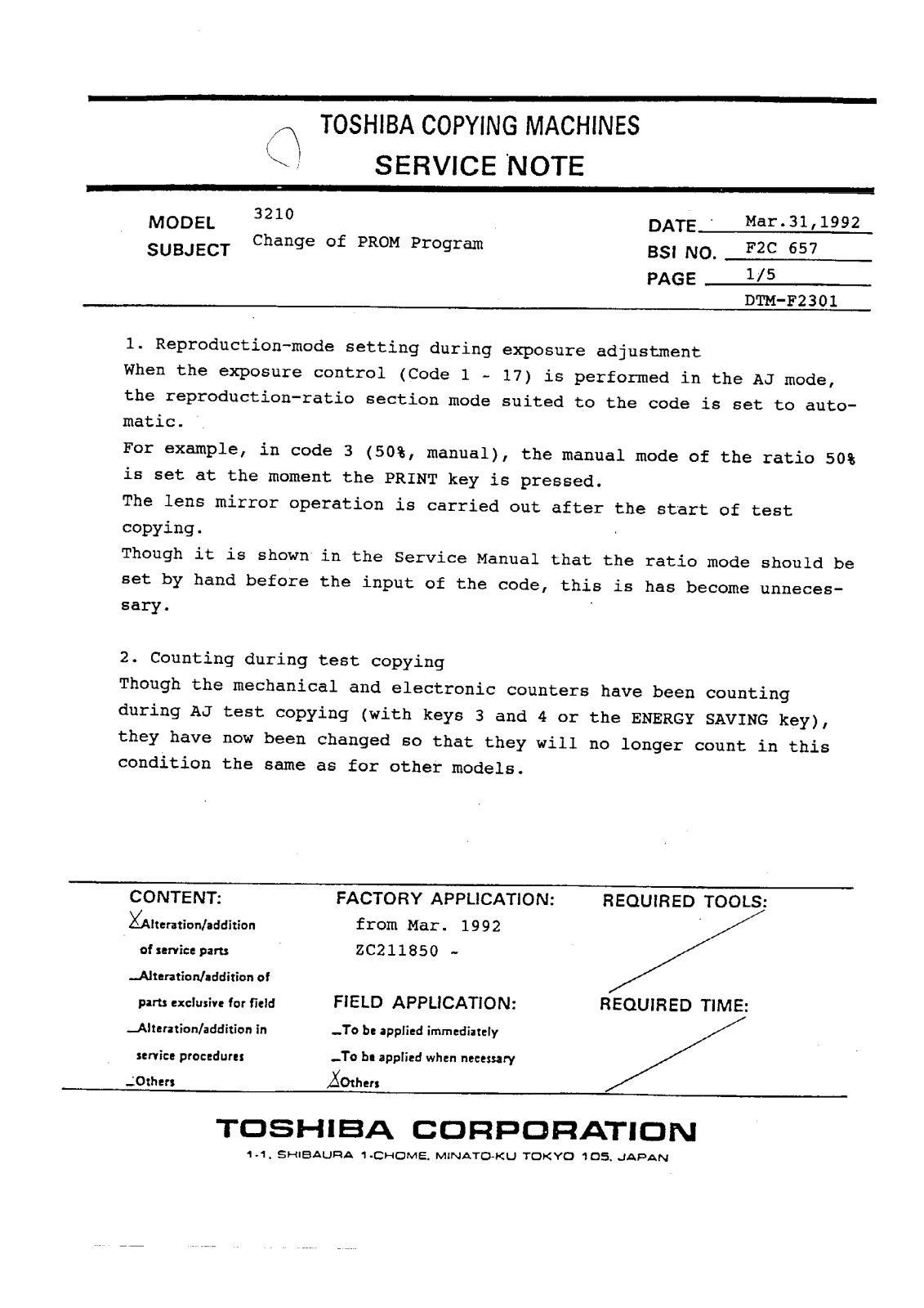 Toshiba f2c657 Service Note