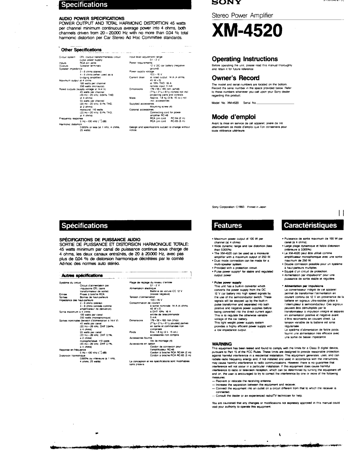 Sony XM-4520 User Manual