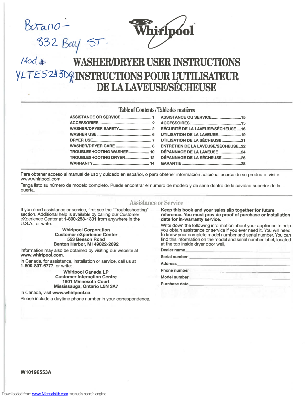 Whirlpool YLTE6234DQ User Instruction