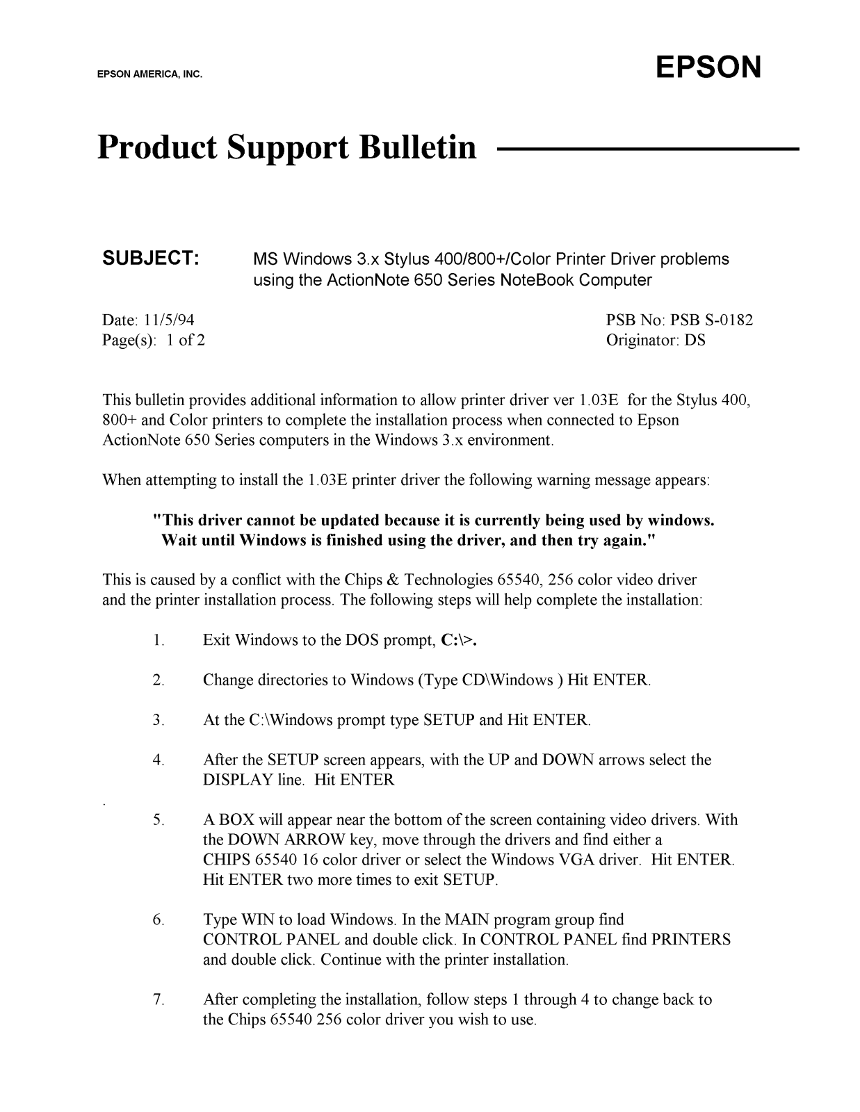 Epson ActionNote 650, ActionNote 650C Product Support Bulletin