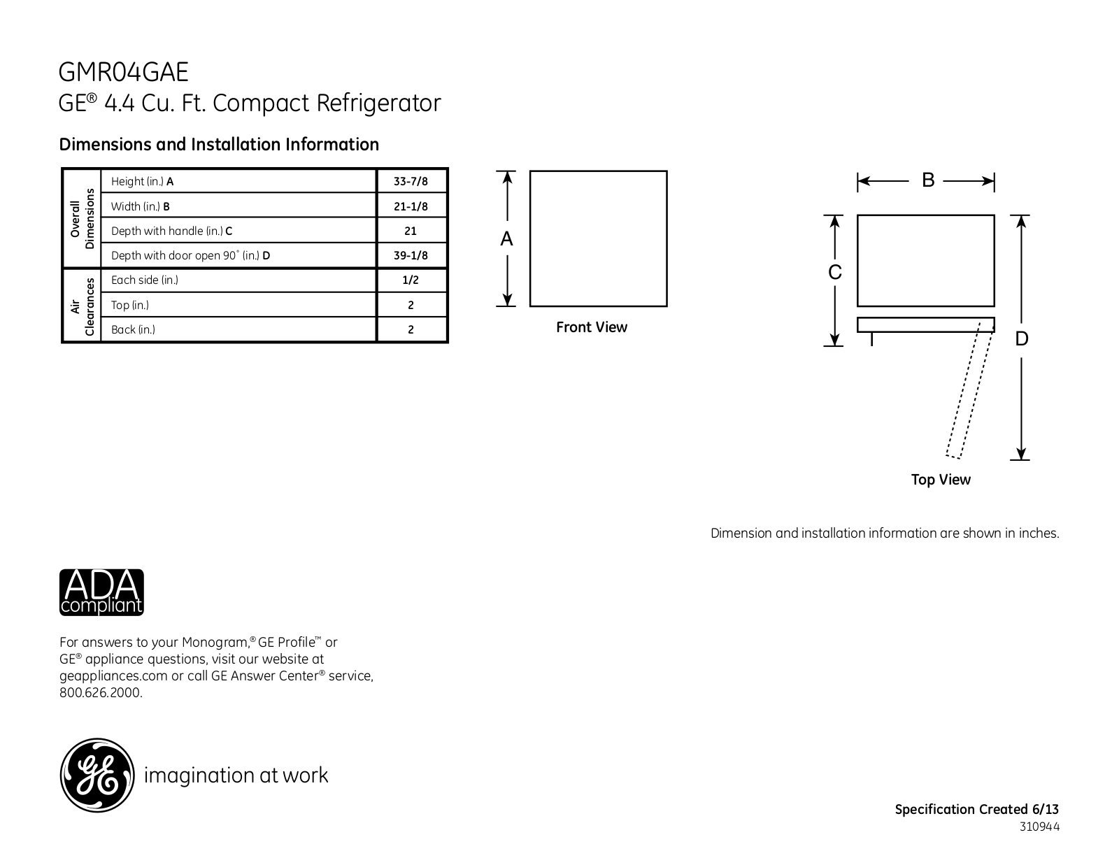 GE GMR04GAEWW Specification Sheet