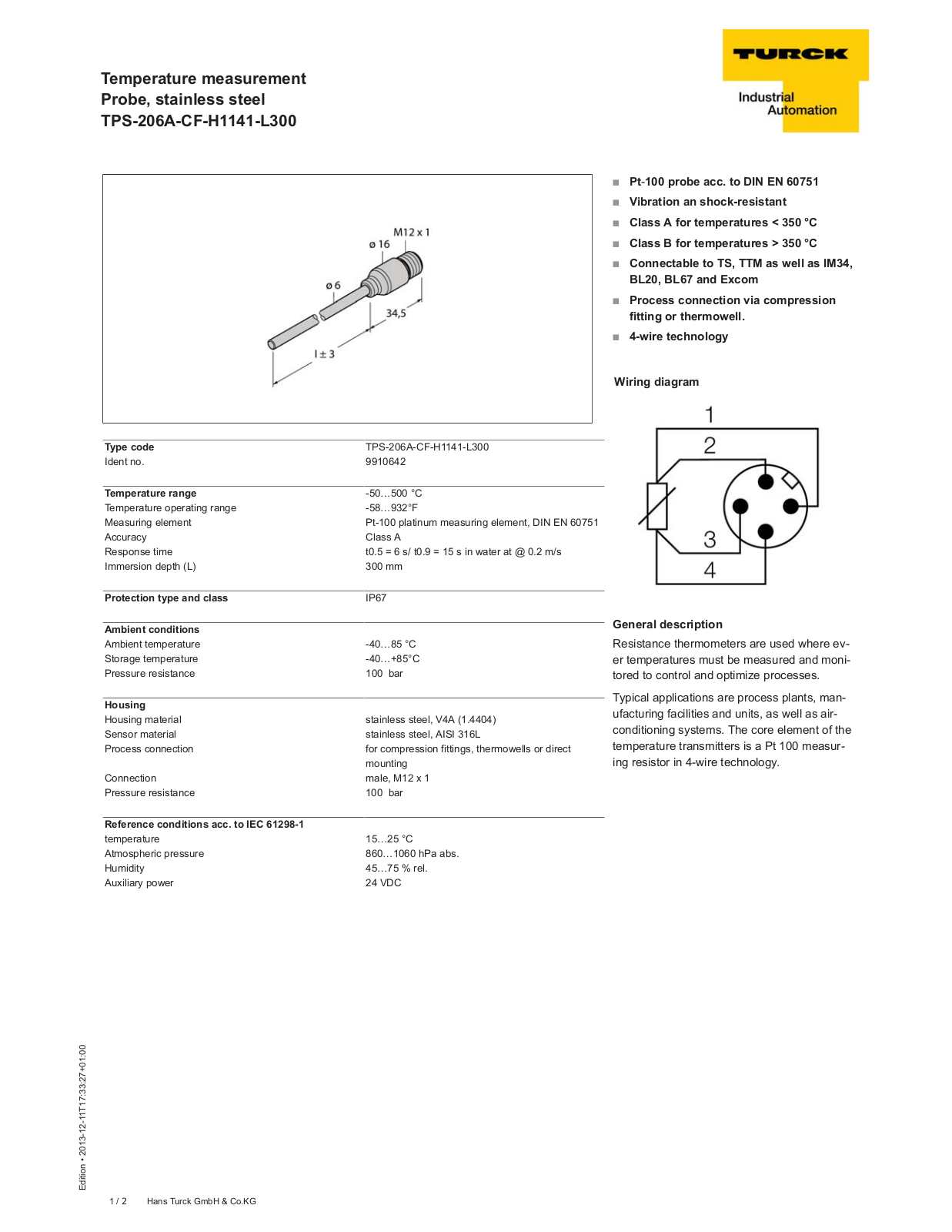 Turck TPS-206A-CF-H1141-L300 Data Sheet