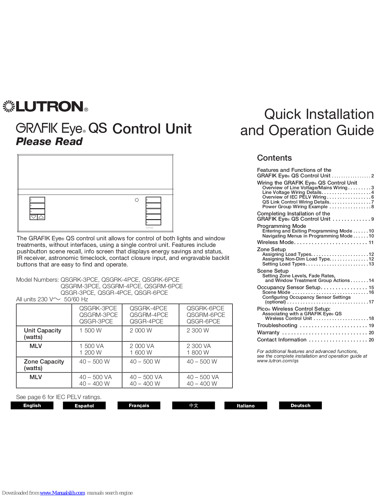 Lutron Electronics QSGRK-3PCE, QSGRM-3PCE, QSGR-3PCE, QSGRM-4PCE, QSGRK-4PCE Quick Installation And Operation Manual