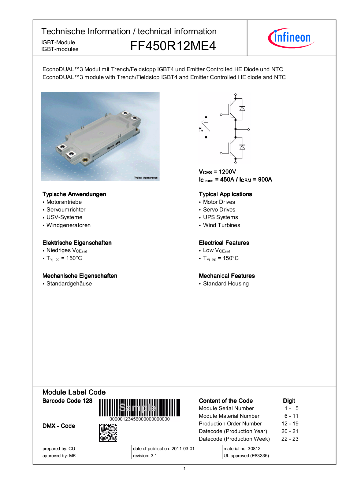 Infineon FF450R12ME4 Data Sheet