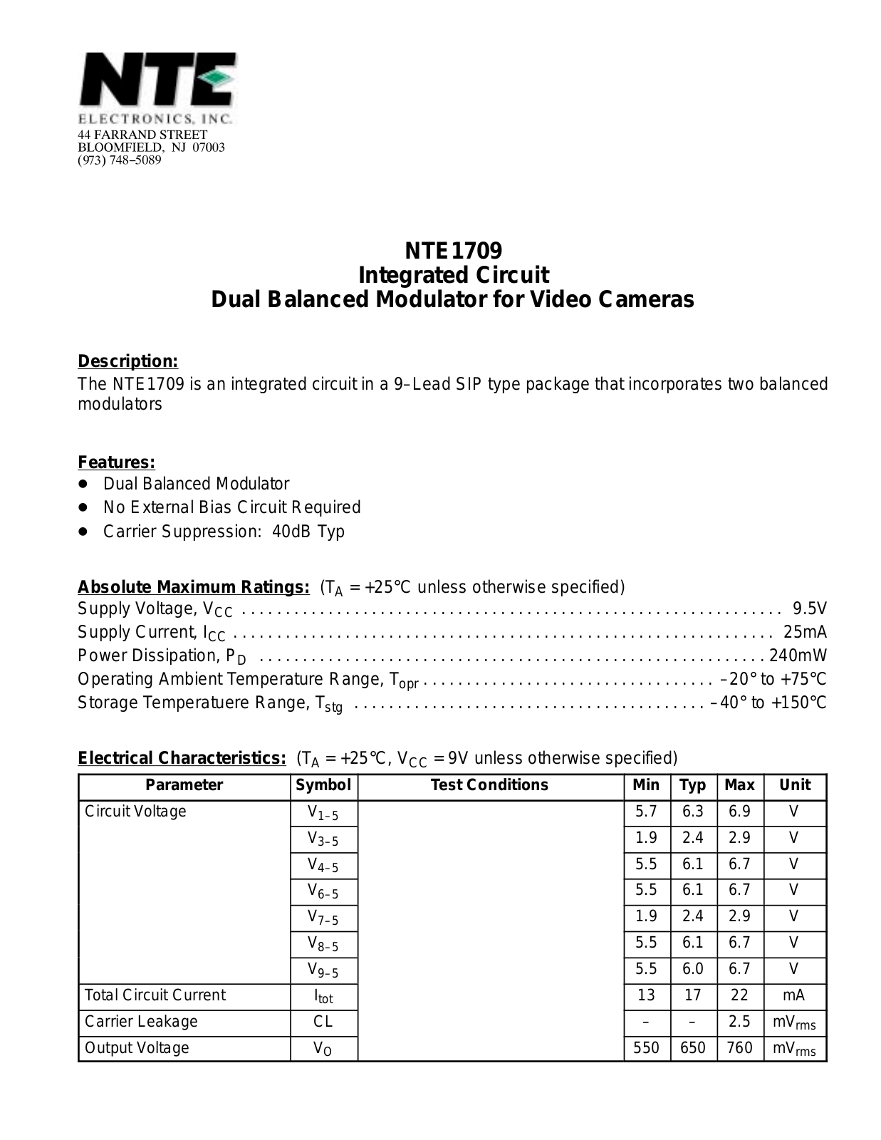 Datasheet NTE1709 Datasheet (NTE) - ManualMachine.com