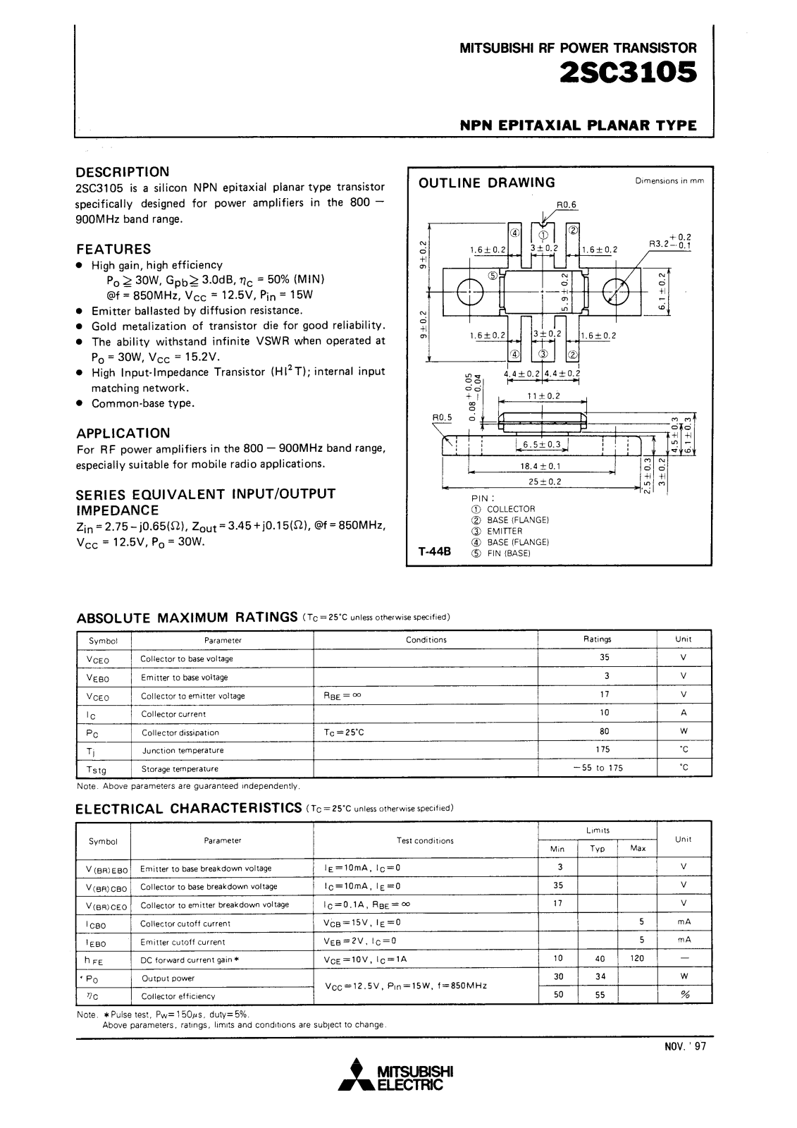 Mitsubishi Electric Corporation Semiconductor Group 2SC3105 Datasheet