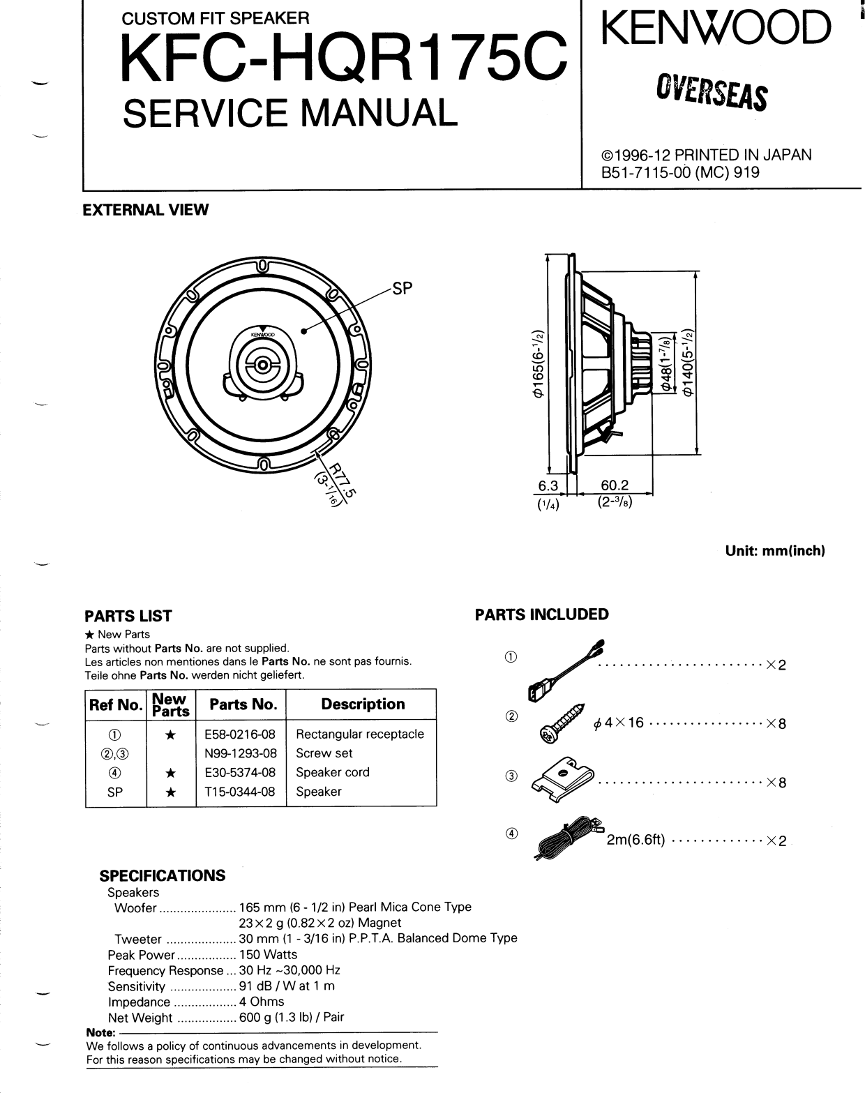 Kenwood KFC-HQR175C Service Manual