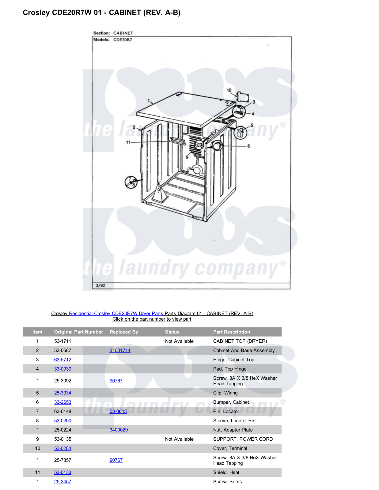 Crosley CDE20R7W Parts Diagram