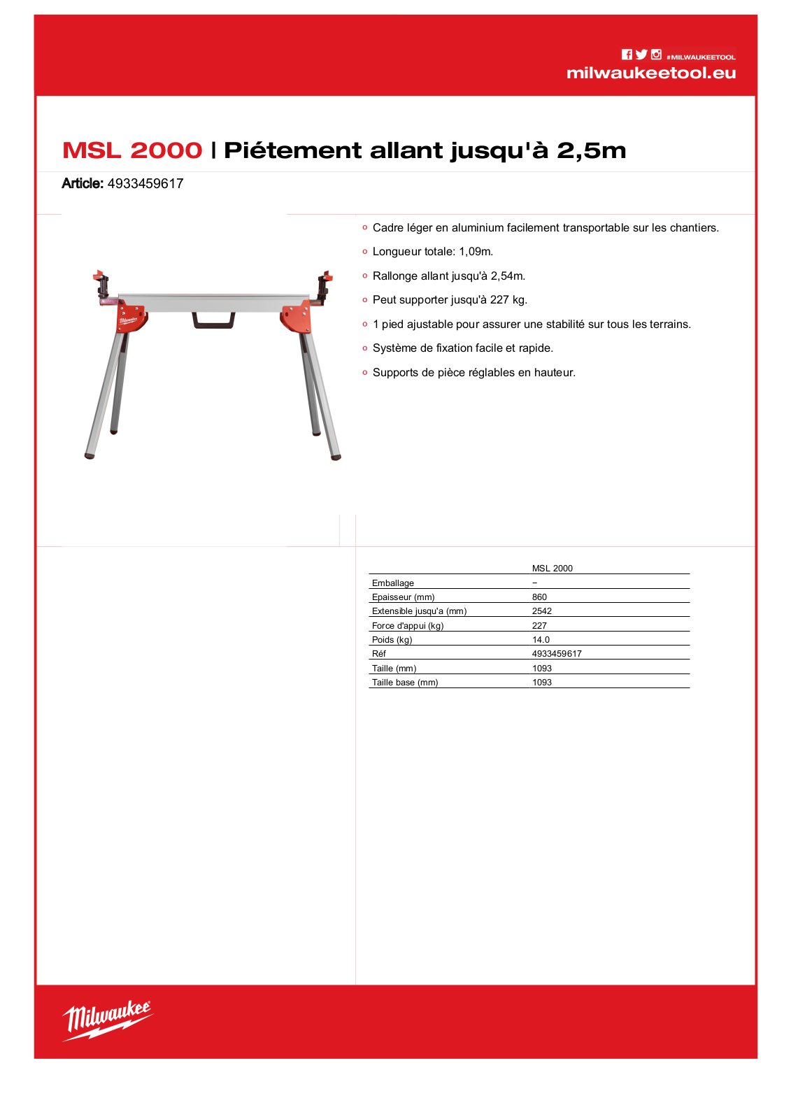 Milwaukee 4933459617, MSL 2000 Specification - ManualMachine.com