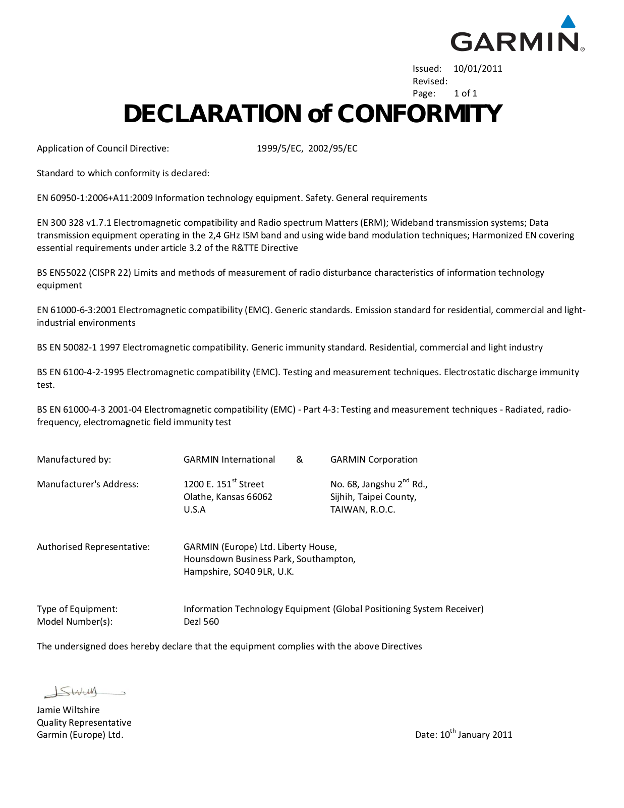 Garmin dezl 560LMT, dezl 560LT, dezl 760LMT Declaration of Conformity