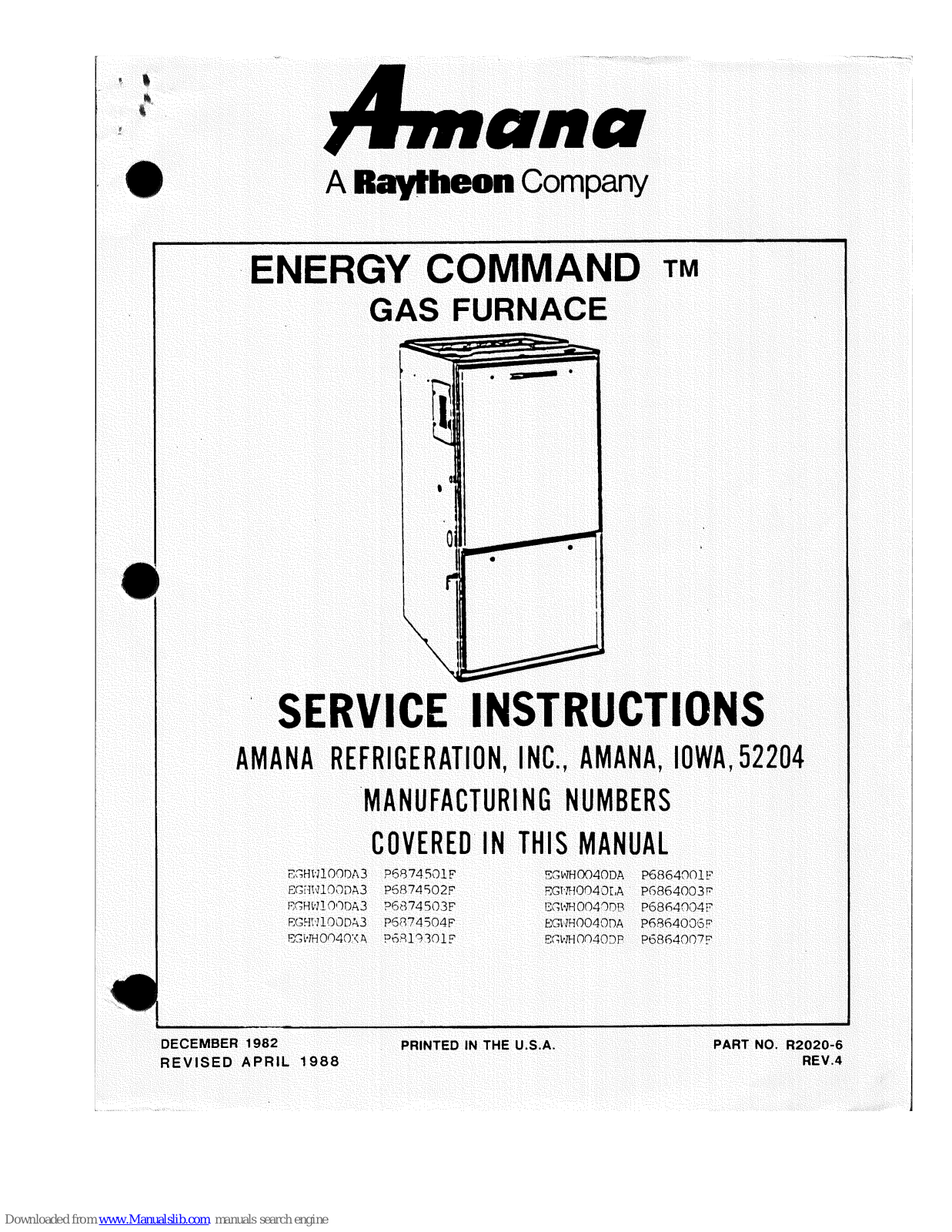 Amana Energy Command EGWH0040XA P6819301F, Energy Command EGWH100DA3 P6874501, Energy Command EGWH0040DA P6864001F, Energy Command EGWH0040DB P6864004F Service Instructions Manual