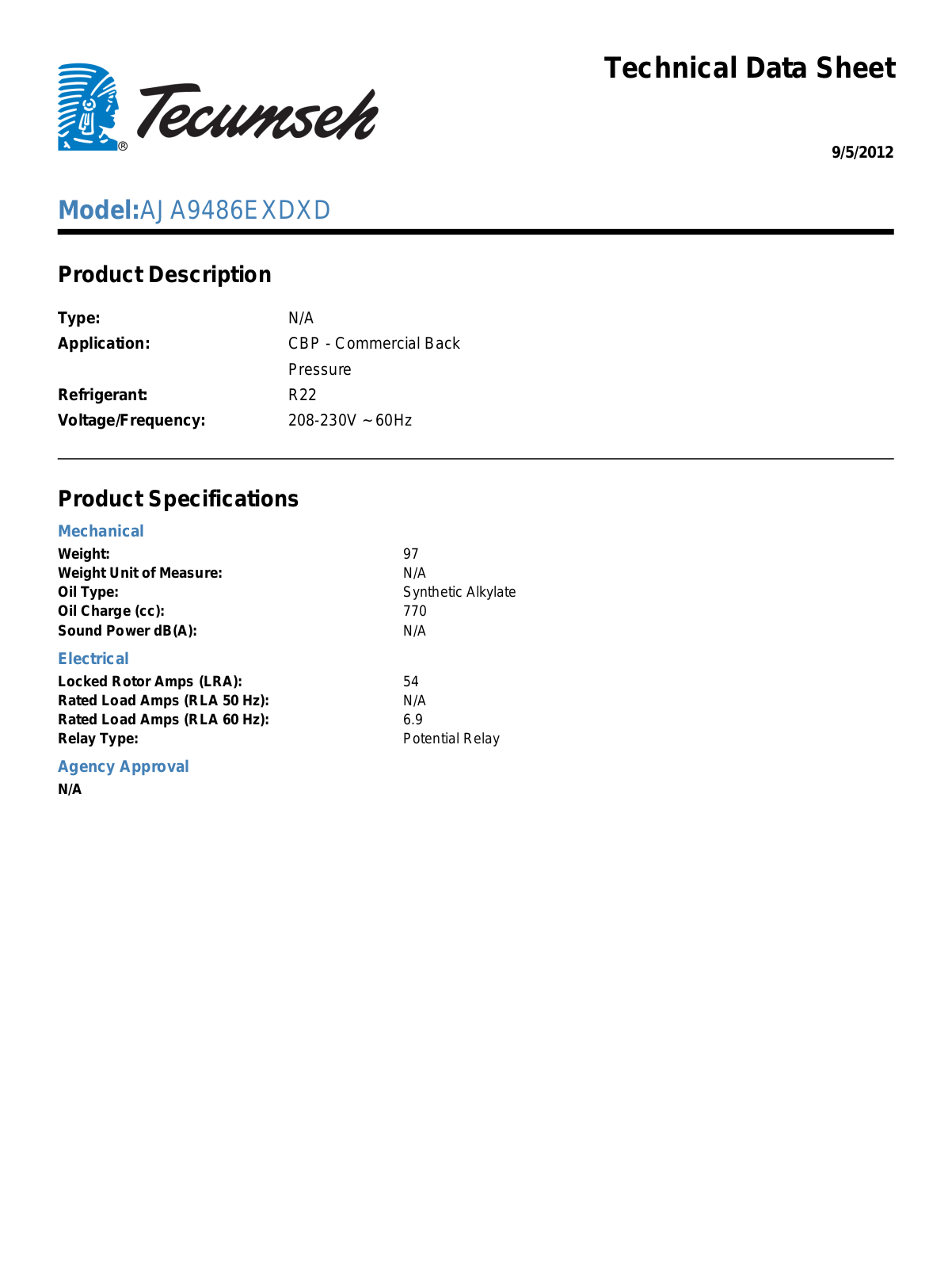 Tecumseh AJA9486EXDXD User Manual