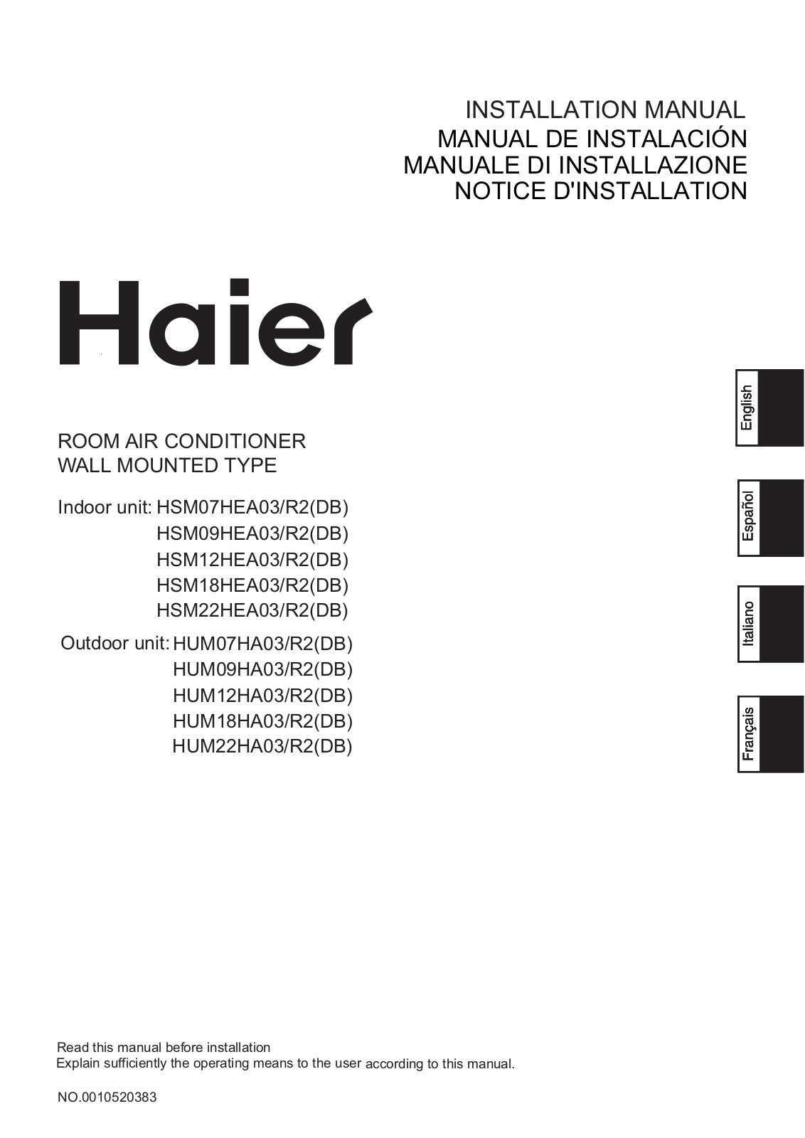 Haier HSM12HEA03-R2, HSM07HEA03-R2, HSM09HEA03/R2 User Manual