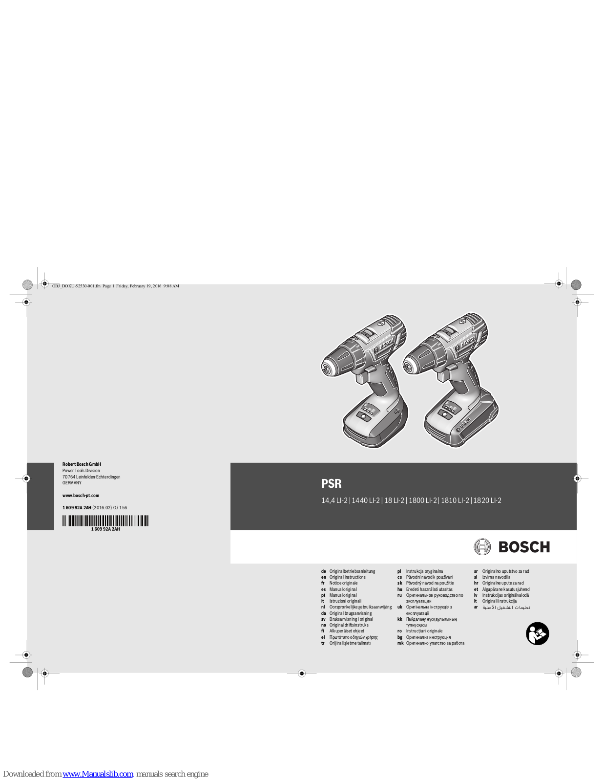 Bosch PSR 14.4 LI-2, PSR18 LI-2, PSR1810 LI-2, PSR1820 LI-2 Original Instructions Manual
