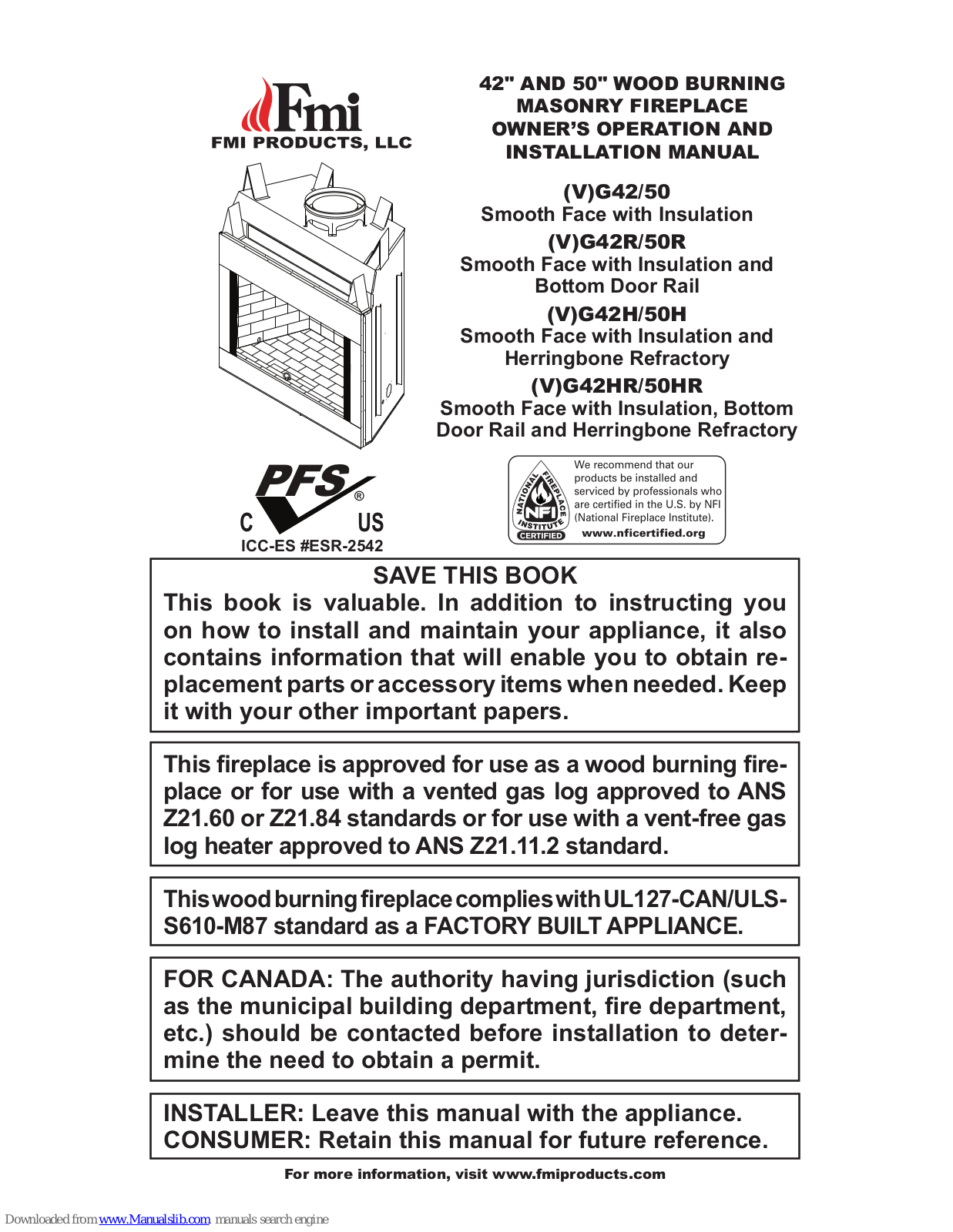 FMI (V)G42, (V)G50, (V)G42R, (V)G50R, (V)G42H Owner's Operation And Installation Manual