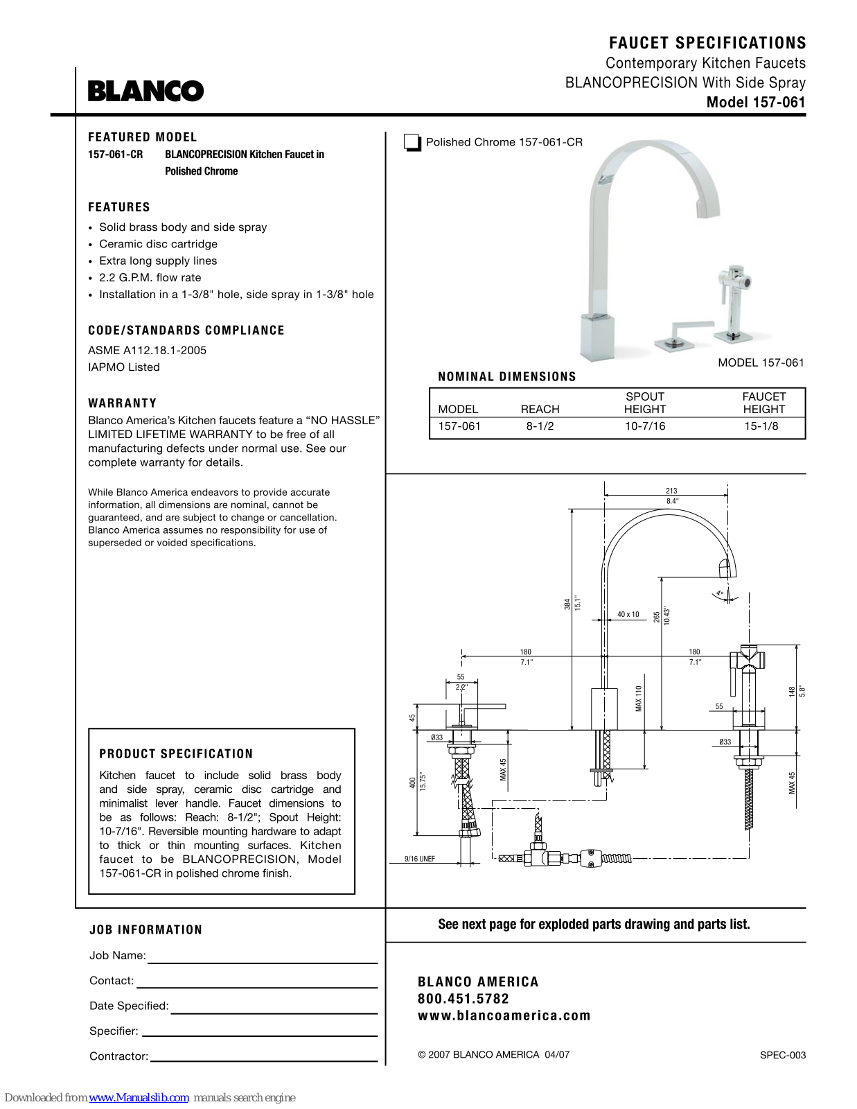 Blanco 157-061-CR Specification Sheet - ManualMachine.com