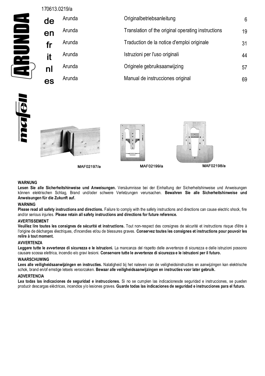 Mafell Arunda Series, Arunda MAF02197/a, Arunda MAF02198/a, Arunda MAF02199/a Translation Of The Original Operating Instructions