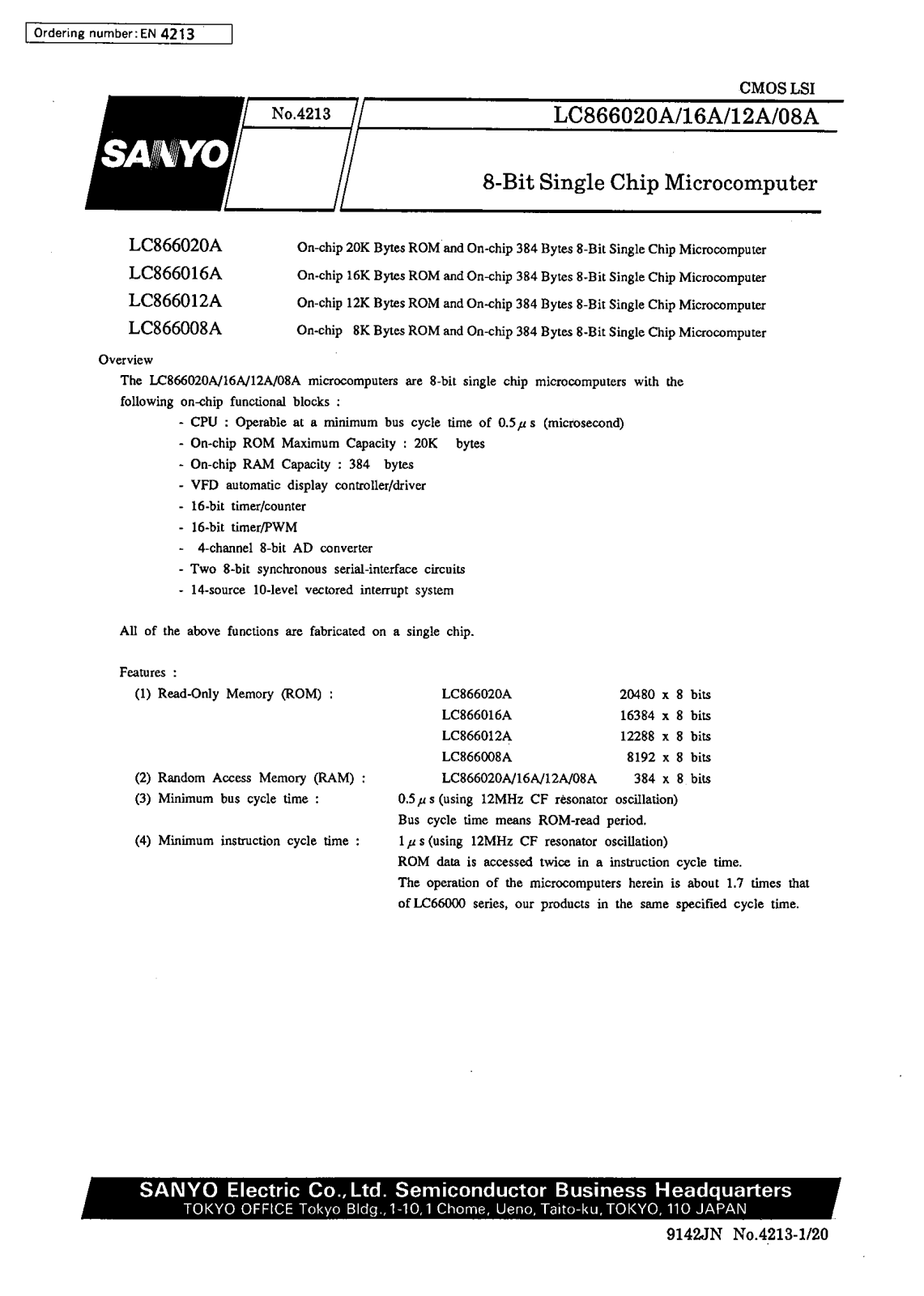 SANYO LC866020A, LC866008A, LC866016A, LC866012A Datasheet