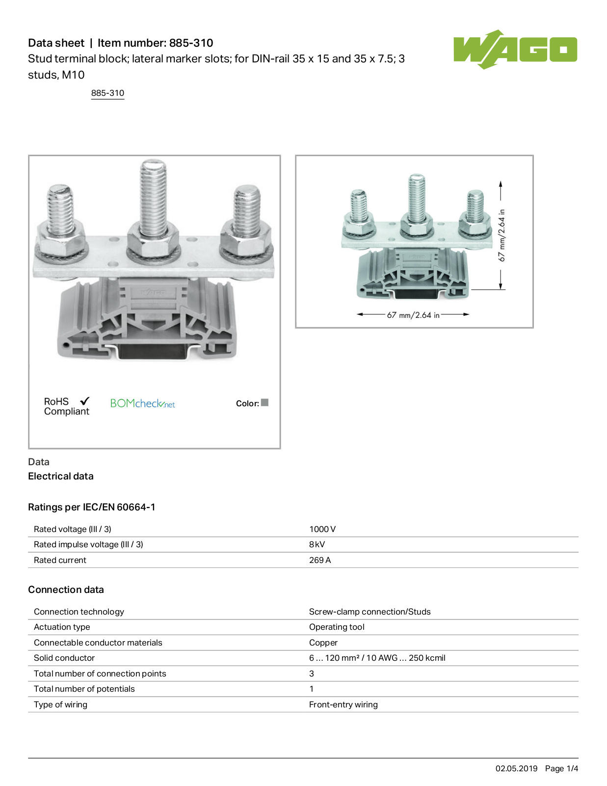 Wago 885-310 Data Sheet