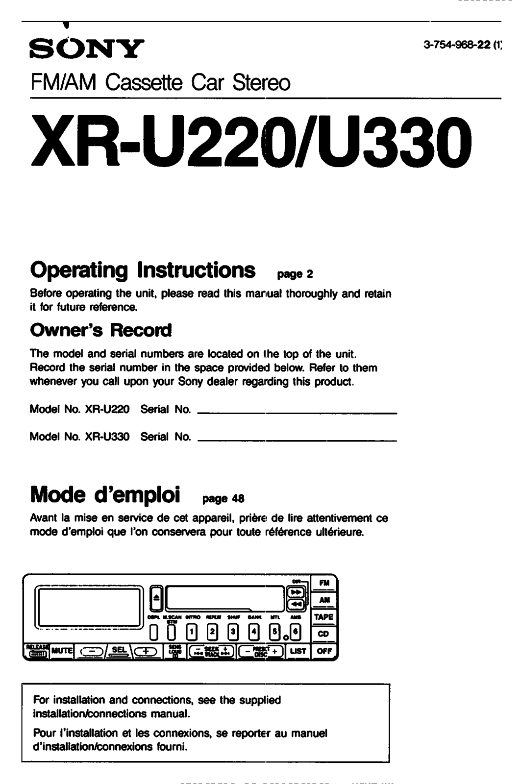 Sony XR-U220, XR-U330 Operating Manual