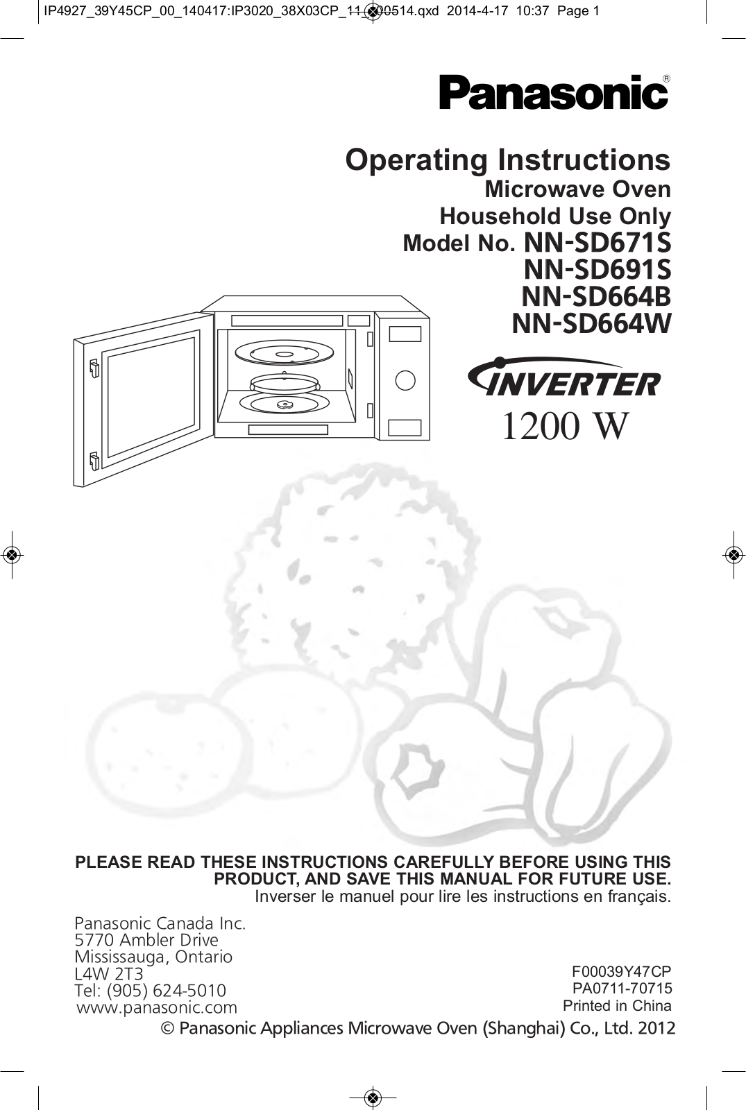 Panasonic NN-SD671S, NN-SD691S, NN-SD664B, NN-SD664W Operating Instructions