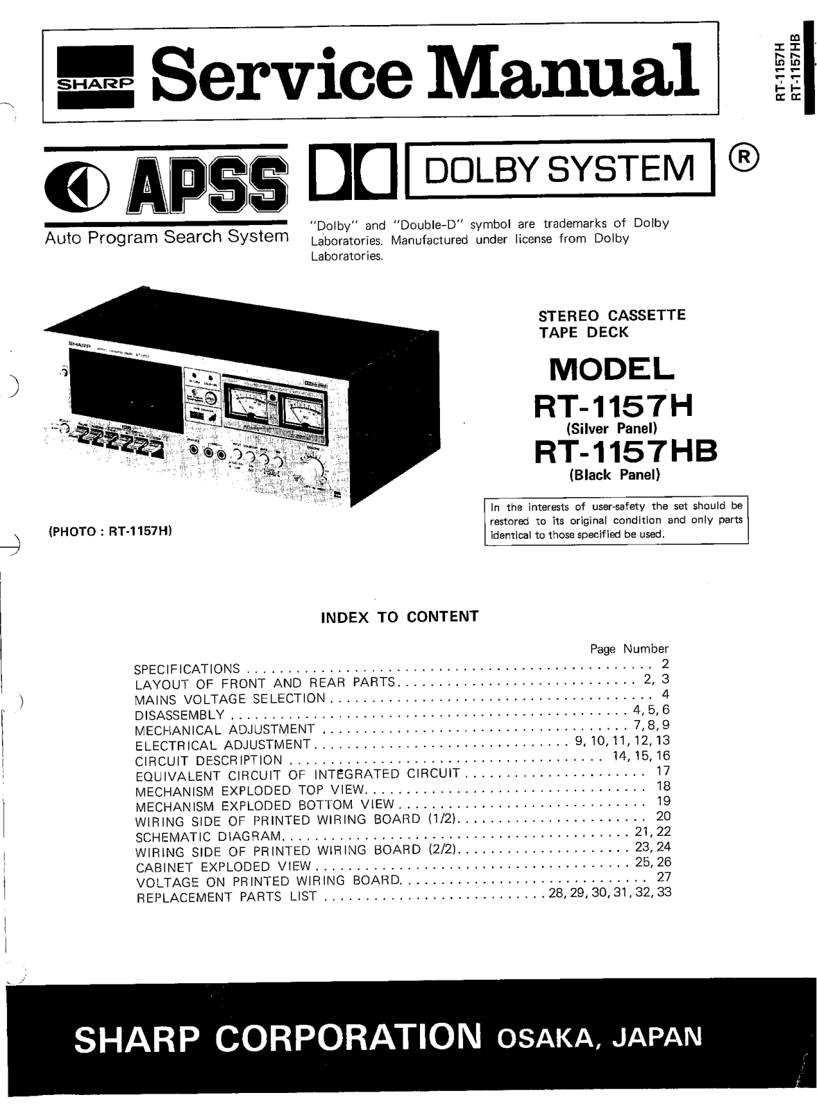 Optonica RT-1157-H, RT-1157-HB Service manual