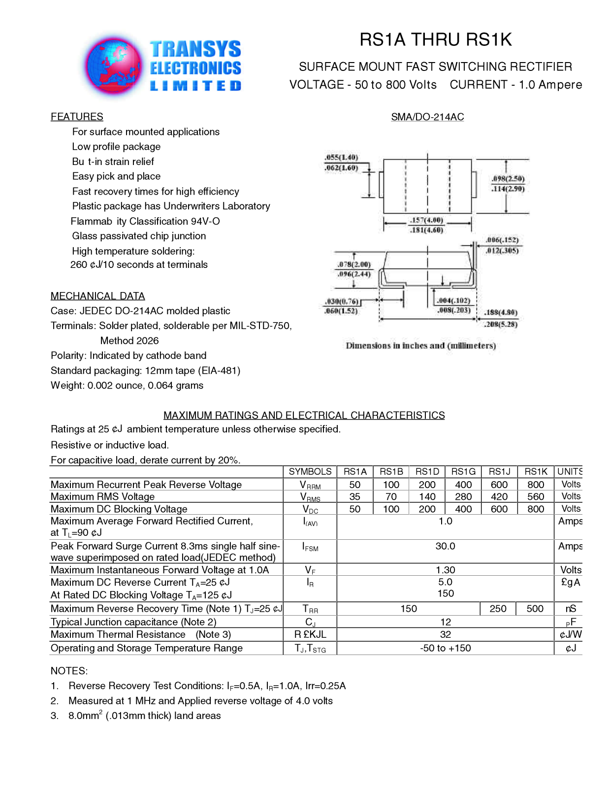 TEL RS1A, RS1B, RS1D, RS1G, RS1K Datasheet