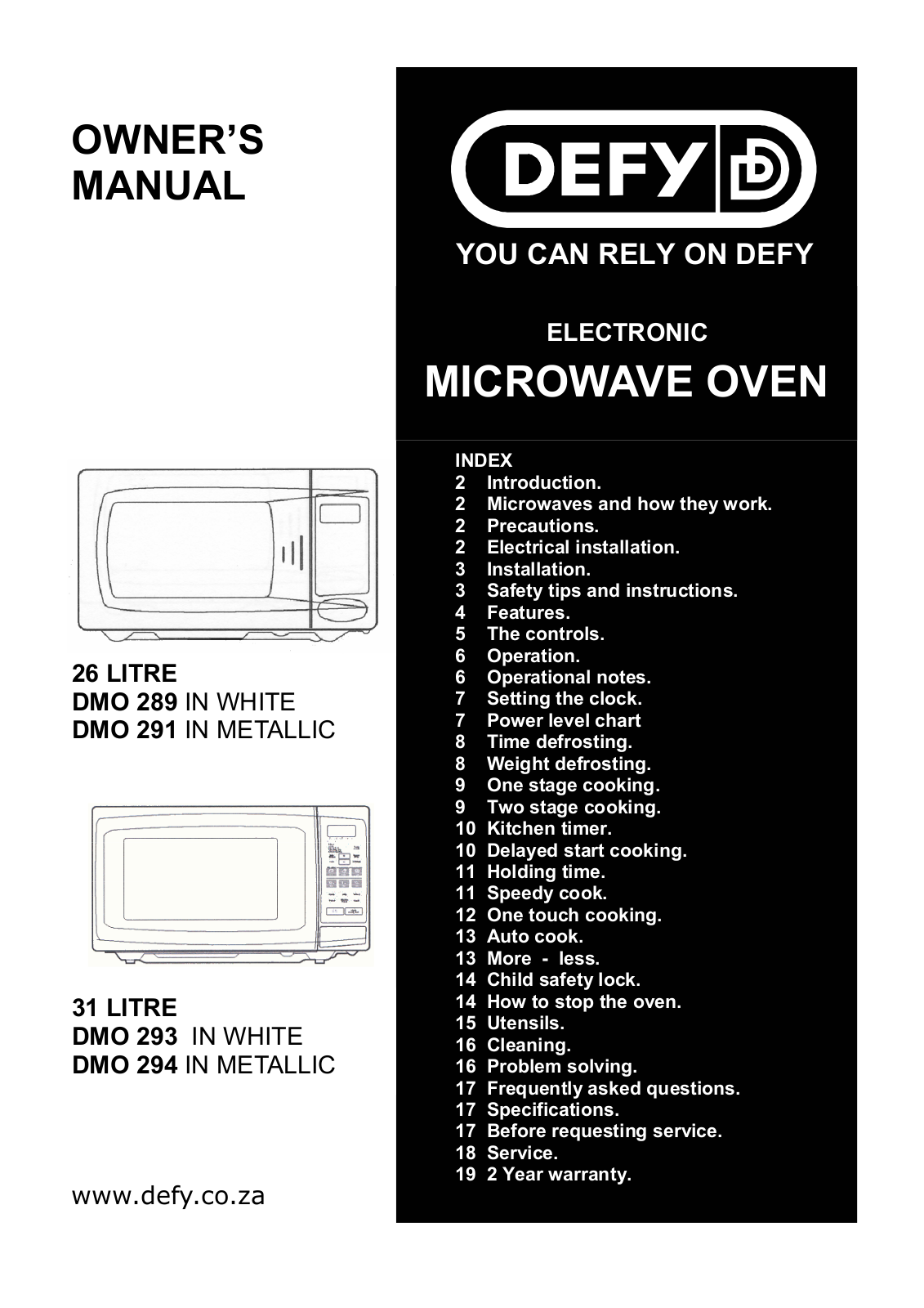 DEFY DMO289, DMO291, DMO293, DMO294 Owner's Manual