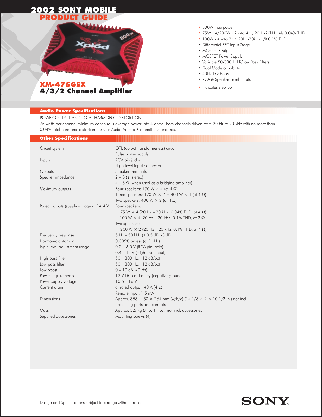 Sony XM-475GSX Marketing Specifications