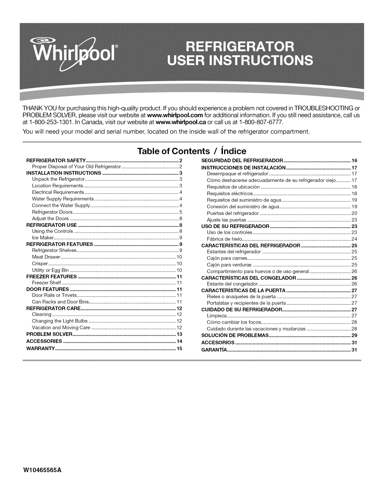 Whirlpool WRT111SFAW00, WRT111SFAF00, WRT111SFAB00 Owner’s Manual