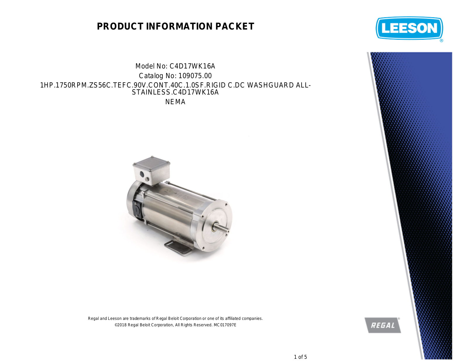 Leeson 109075.00 Product Information Packet