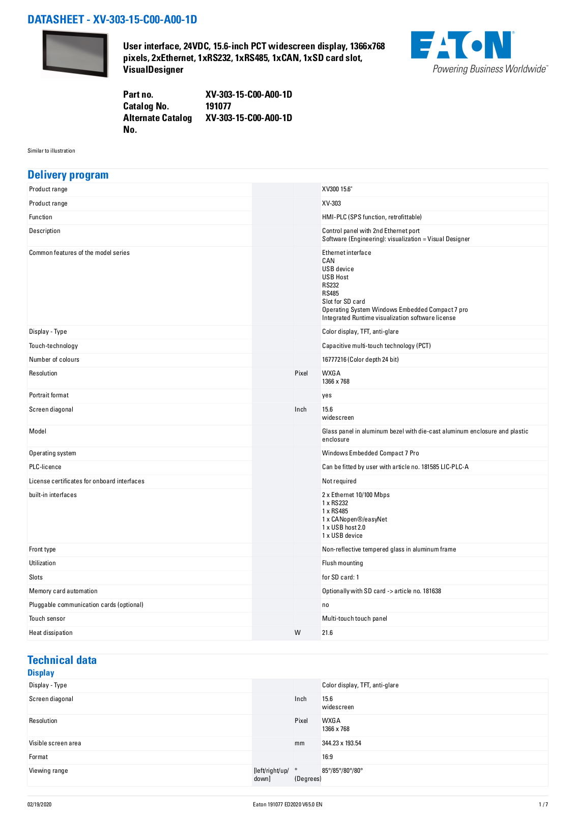 Cutler Hammer, Div of Eaton Corp XV-303-15-C00-A00-1D Data Sheet