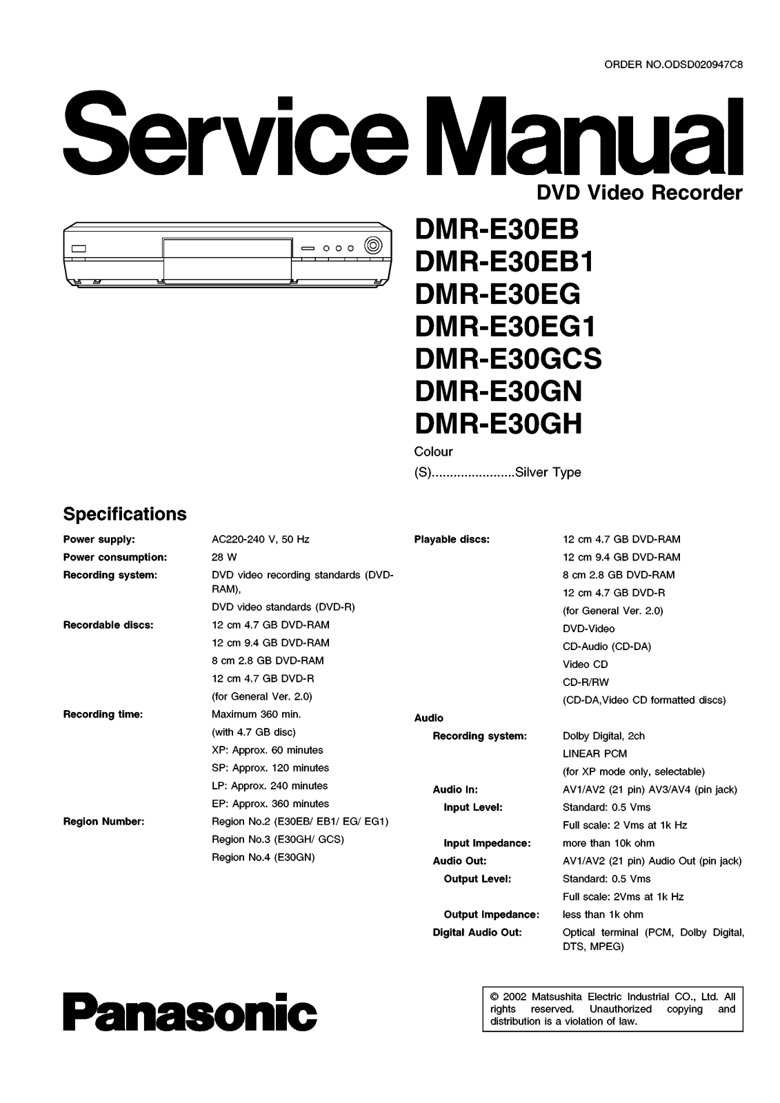 Panasonic DMRE30GH, DMRE30GN, DMRE30GCS, DMRE30EG1, DMRE3EG Service Manual