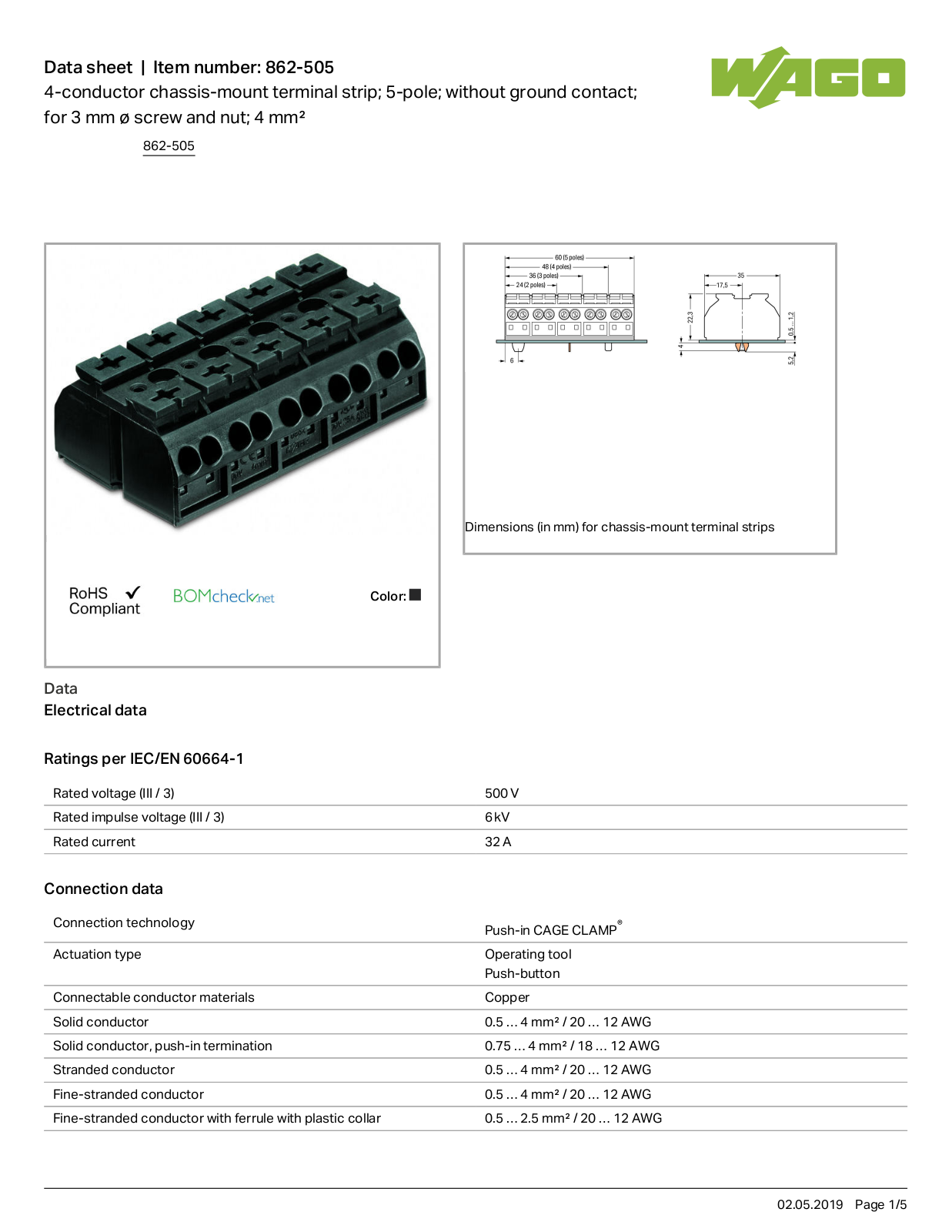 Wago 862-505 Data Sheet