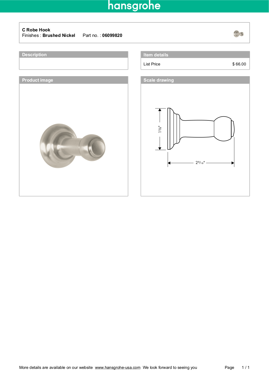 Hansgrohe 06099000 Specs