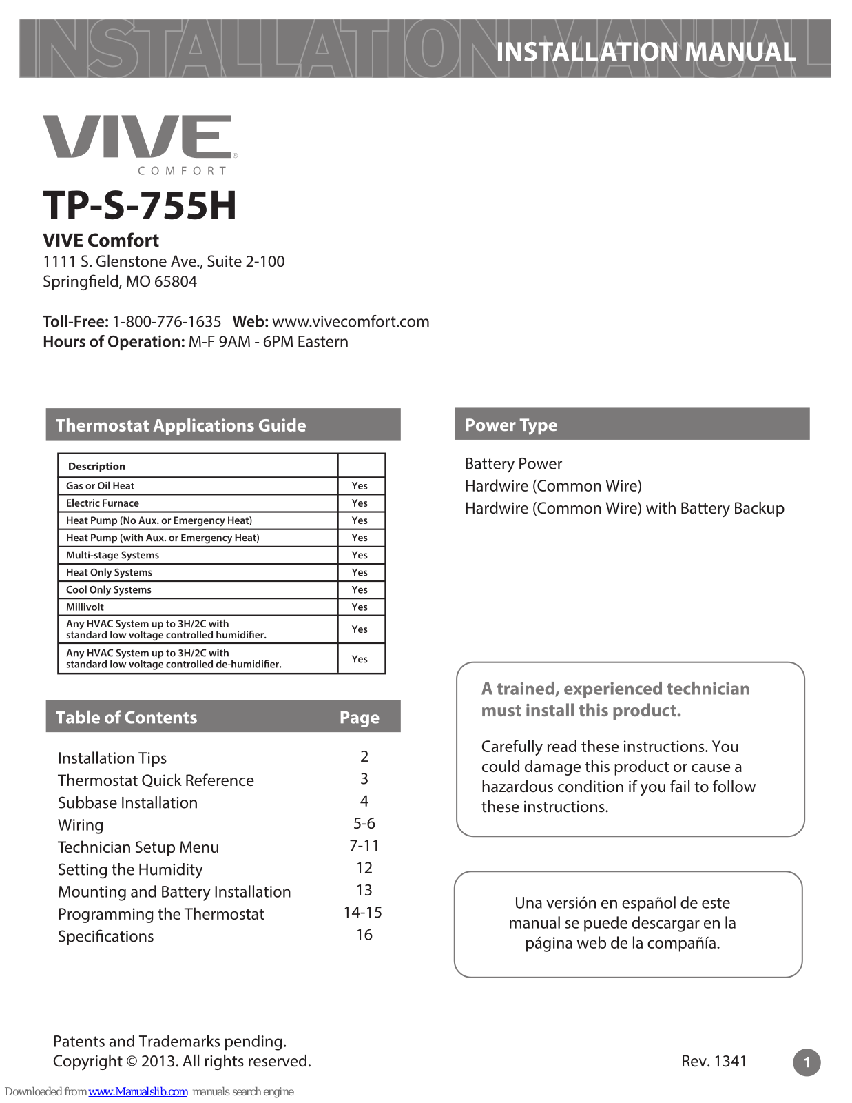 Vive Comfort TP-S-755H Installation Manual