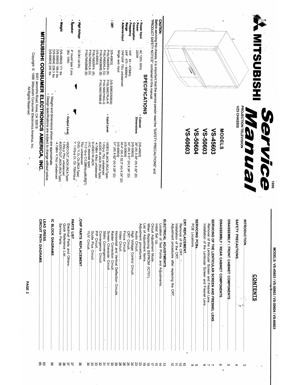 Mitsubishi VS-45603, VS-50603, VS-50604, VS-60603 Schematic