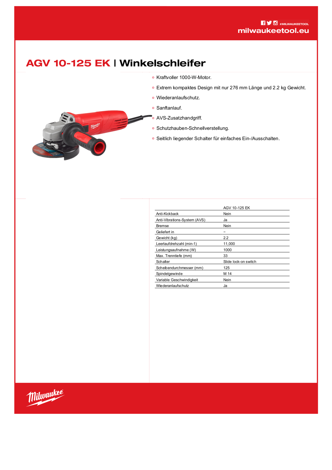 Milwaukee AGV 10-125 EK User Manual