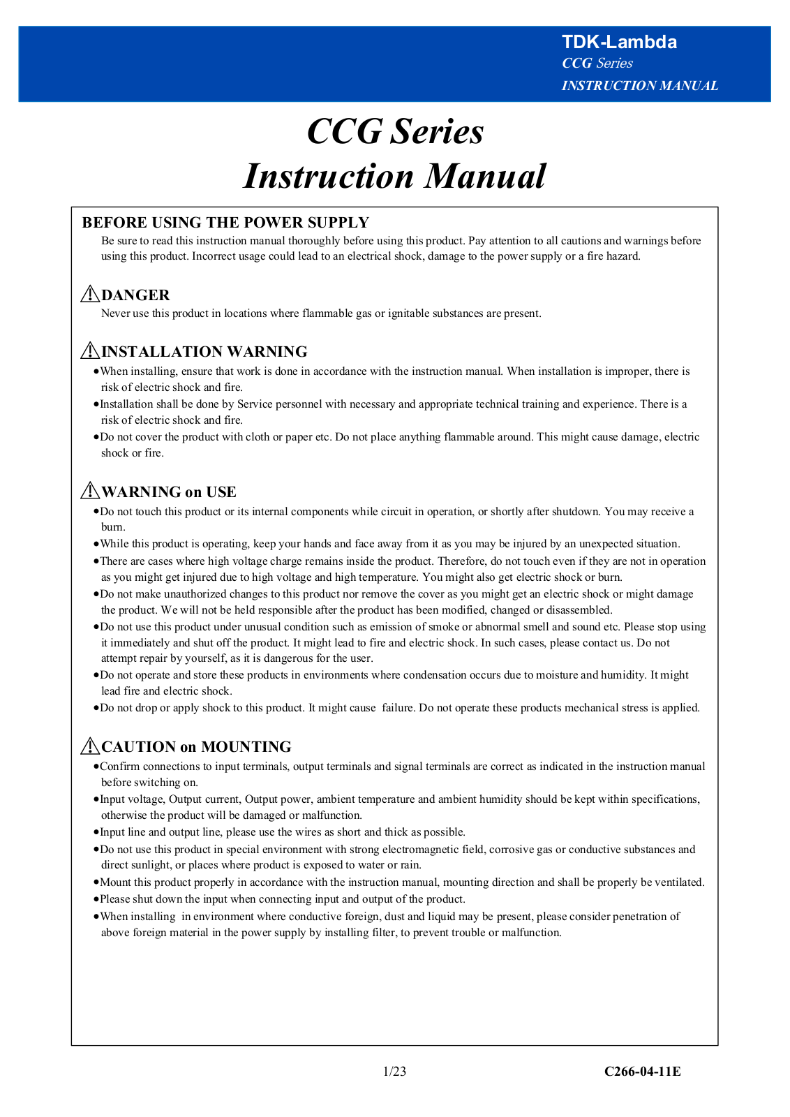 TDK-Lambda CCG-15-48-15D, CCG-15-24-05S, CCG-15-48-03S, CCG-15-24-15D, CCG-30-48-15D User guide